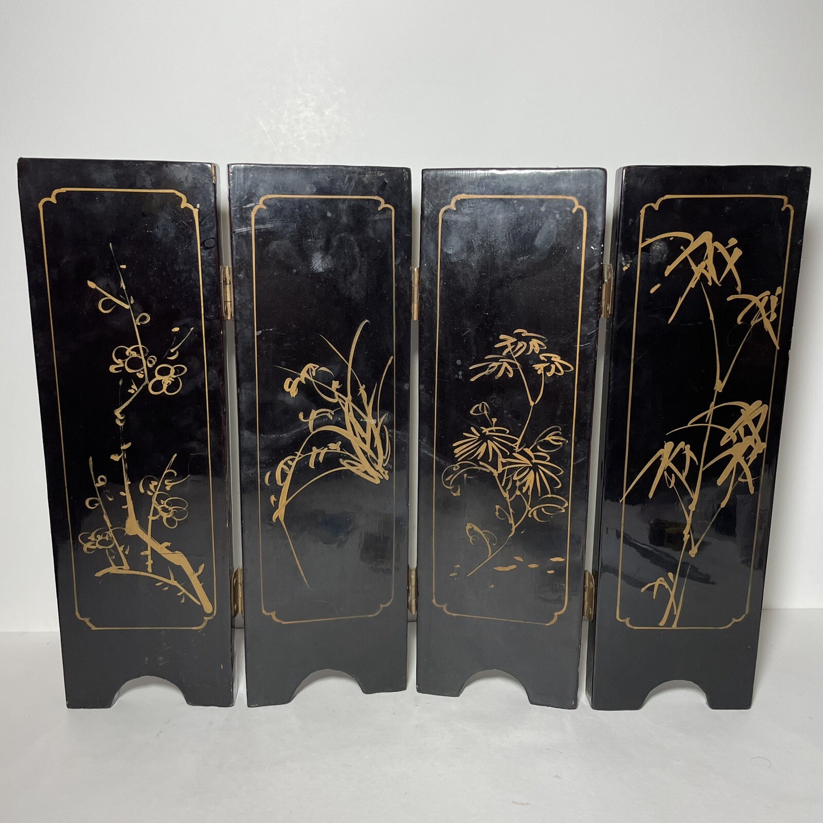 Vintage Oriental Black Lacquer Mother Of Pearl Geisha 4 Panel Screen 18”x14” SEE