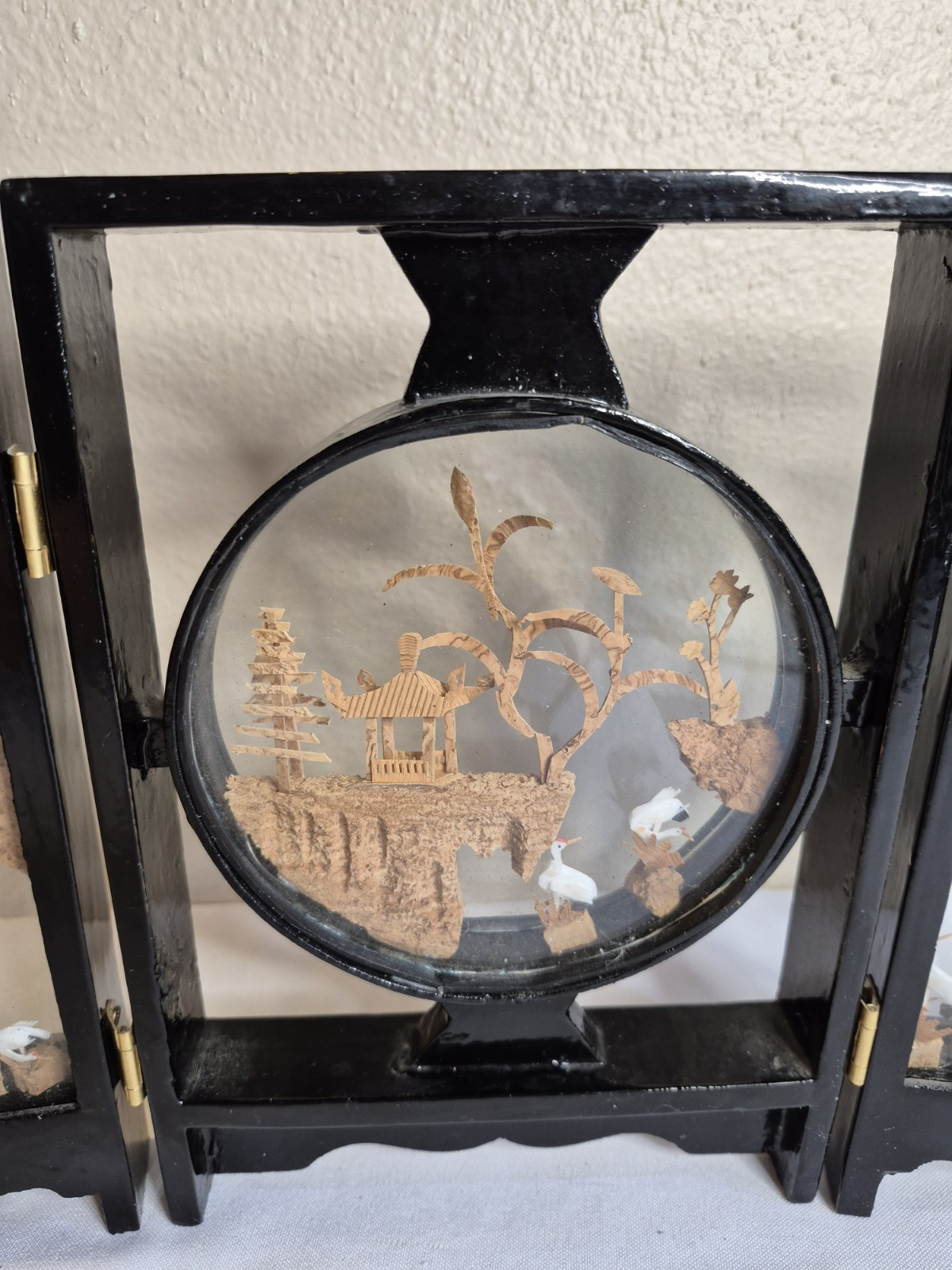 Chinese Cork Art Tabletop Screen Carving Panel 12″ Black Laquer Bird Trees Vtg