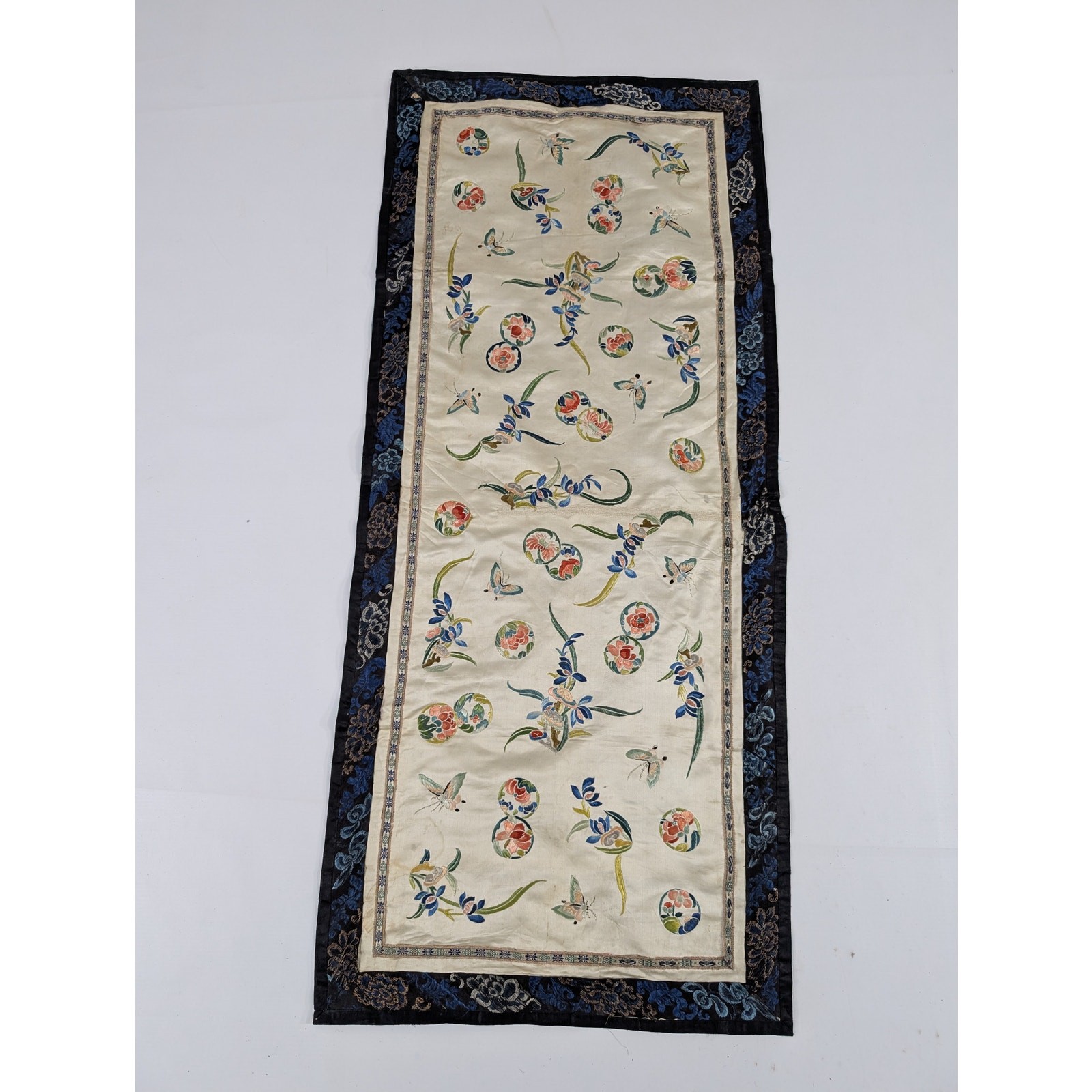 Vintage Chinese Silk Embroidered Butterfly & Floral Motifs Tapestry 38x16in