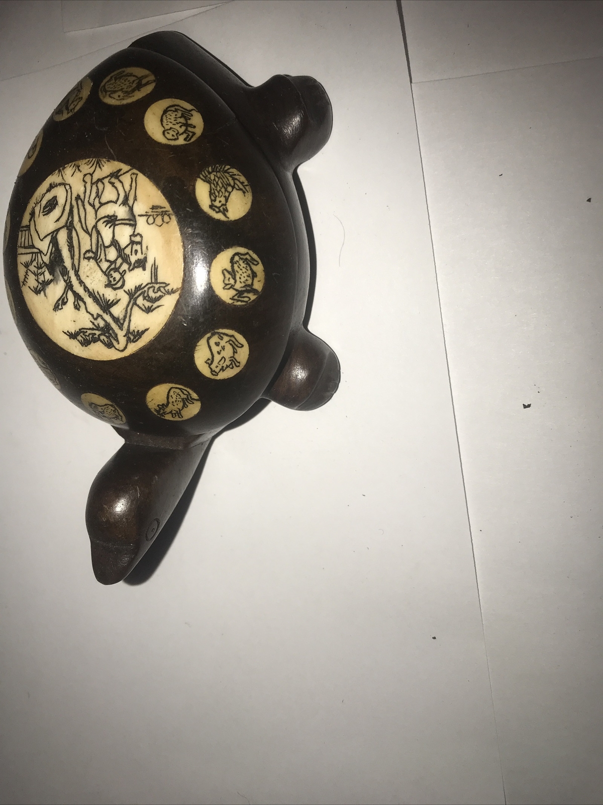 Vintage Carved Wood Turtle with Inlaid Chinese Zodiac Signs Opens to Compass 182