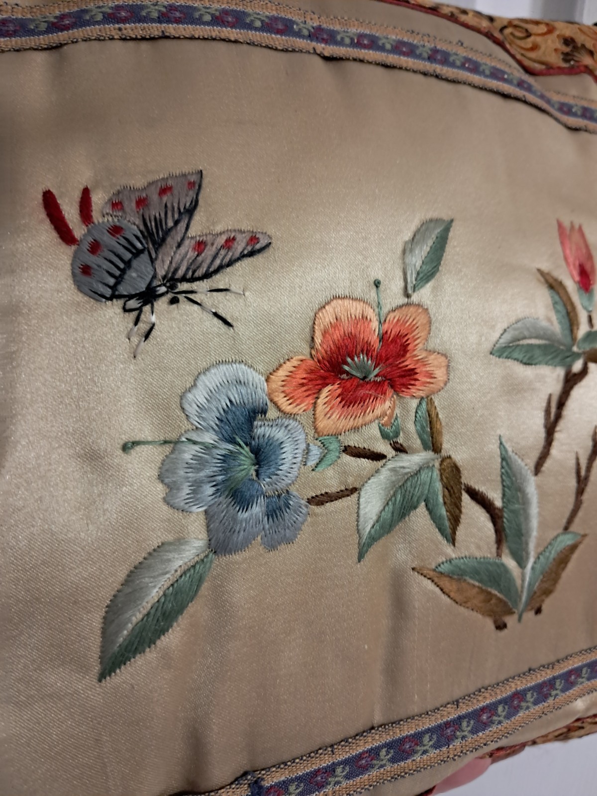 Vintage Chinese Silk Embroidered Decorative Pillow Floral Butterfly 10 X 9 In
