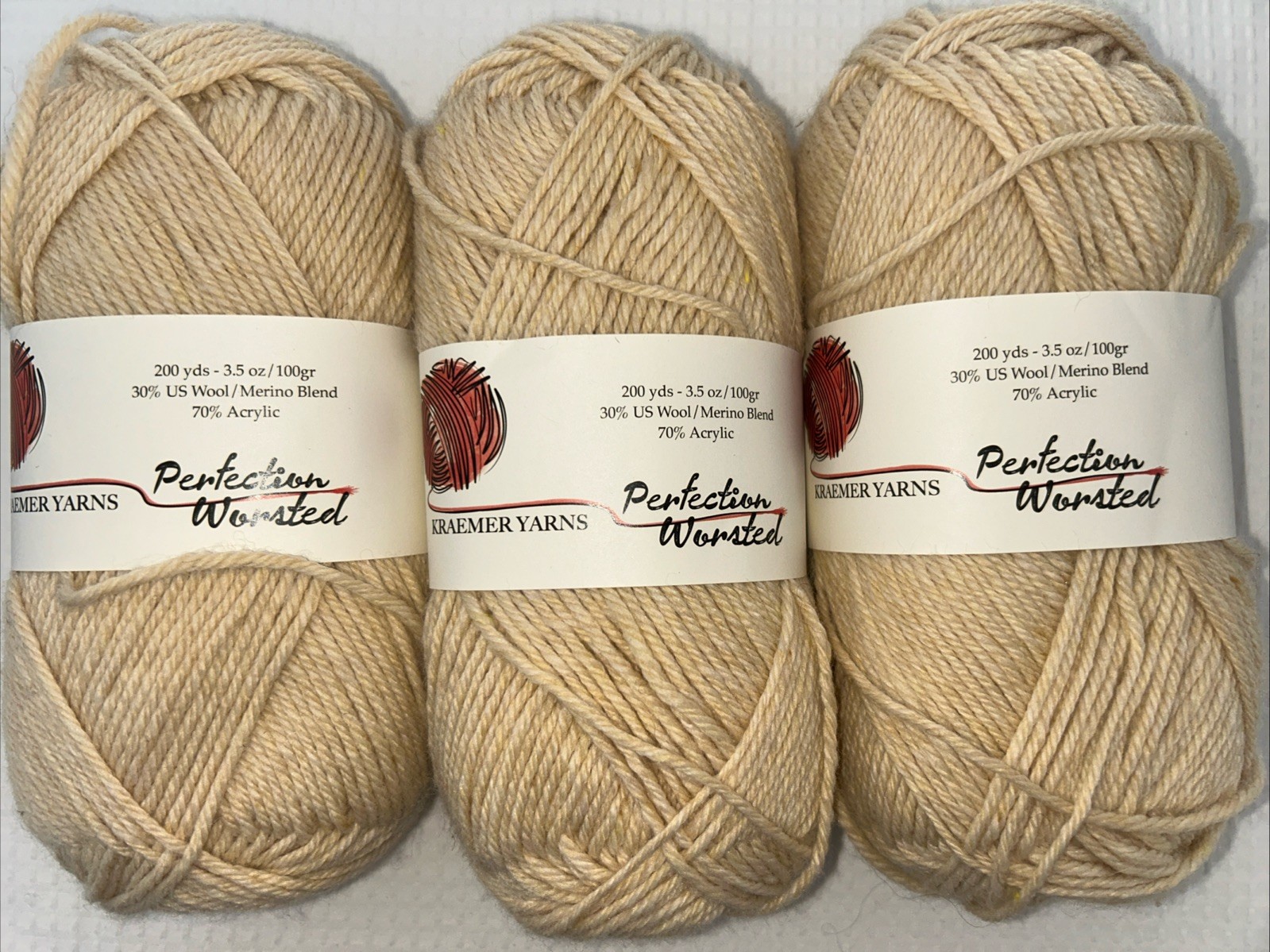 Kraemer Yarns Perfection Worsted 3 Skeins Butter Cream Y# 1544 Acrylic Wool