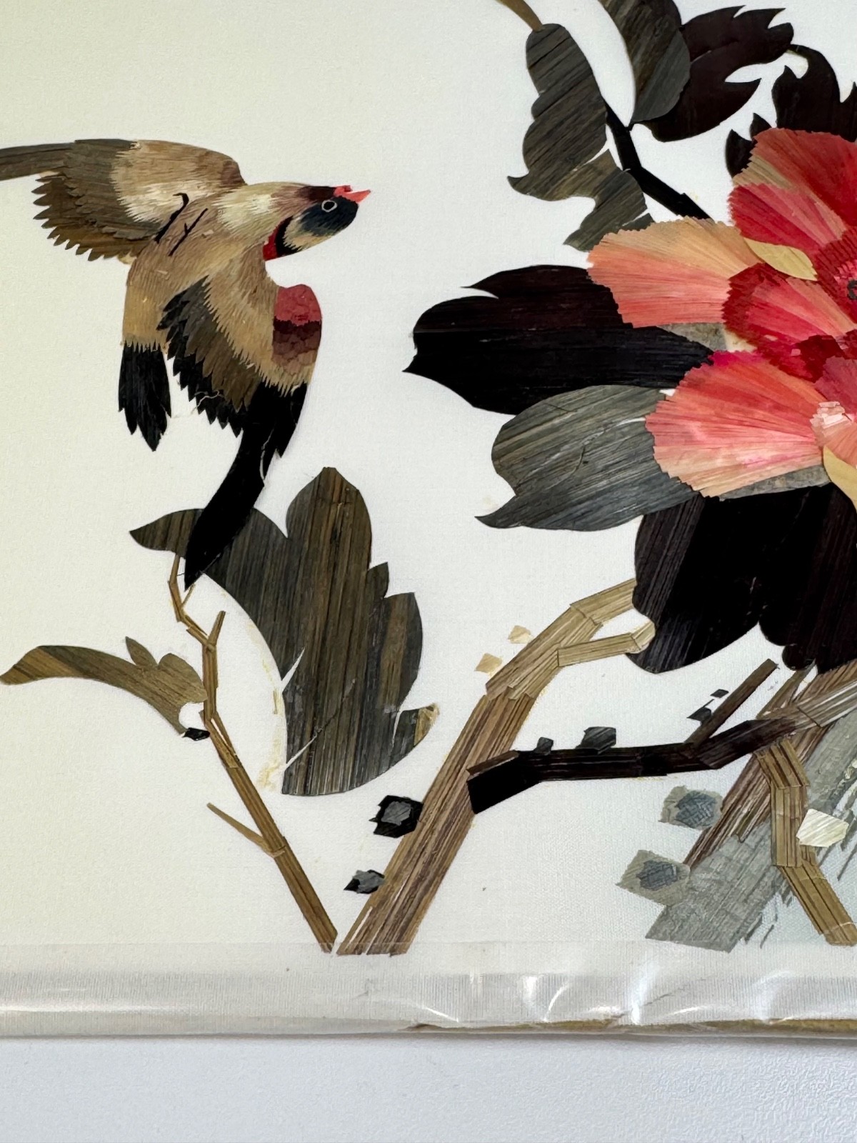 Vintage Chinese Wheat Straw Birds and Flowers Hand Crafted Art Panel 11×14 Inch