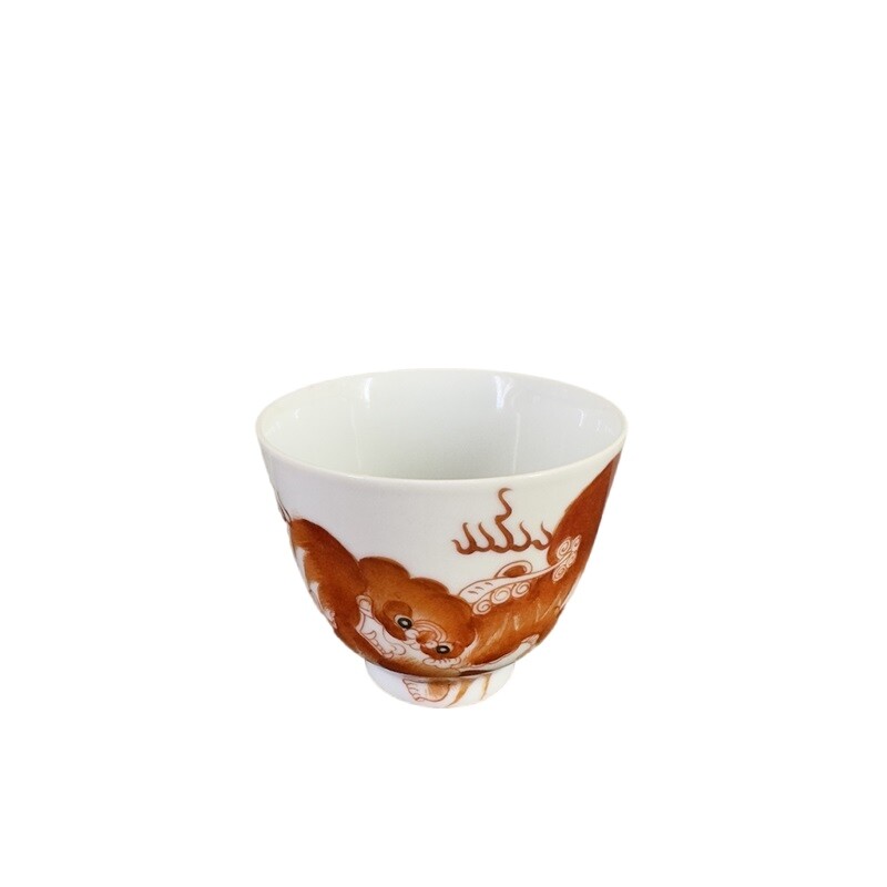 3″ Chinese Qing Porcelain Alum Red Animal Foo Fu Dog Lion Cup