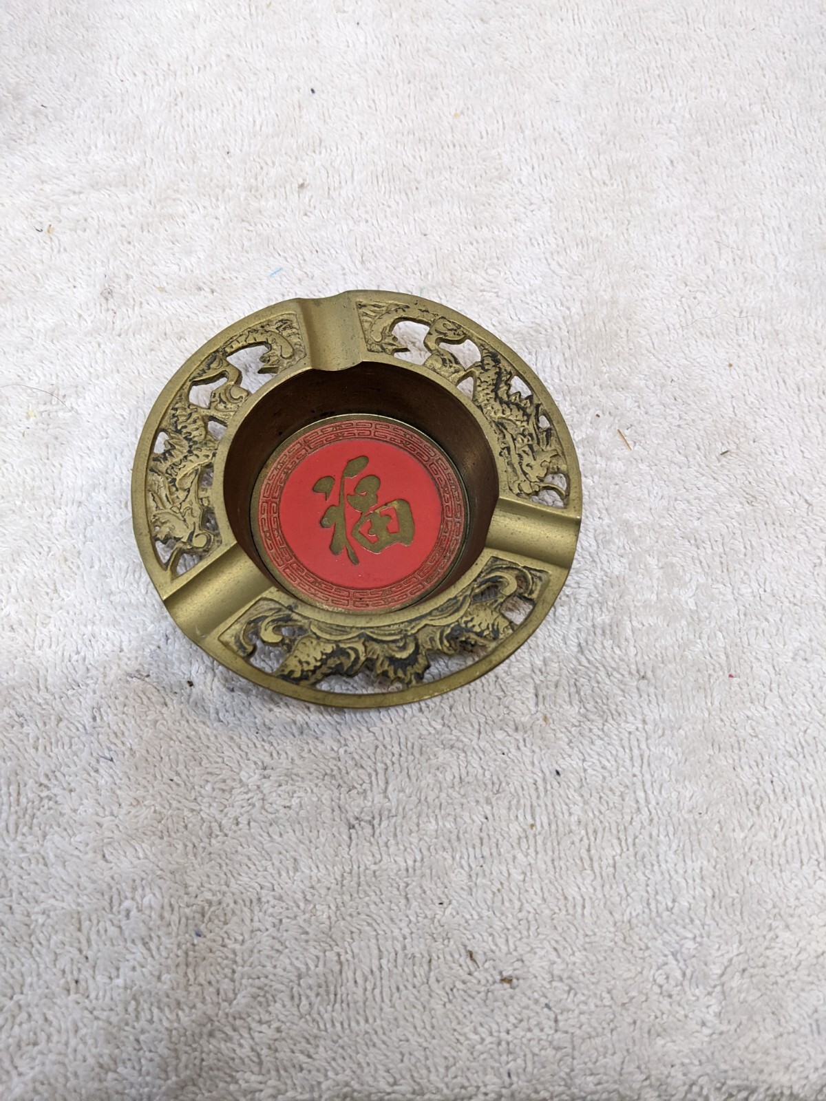 Vintage Chinese Brass Red Enamel Shou Long Life Ashtray Phoenix Birds 3.25″ Set