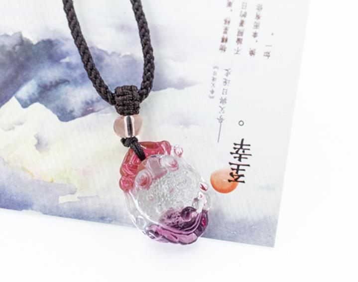 Chinese Coloured Glaze Carving Lovable Animal Golden Toad Pink Purple Pendant