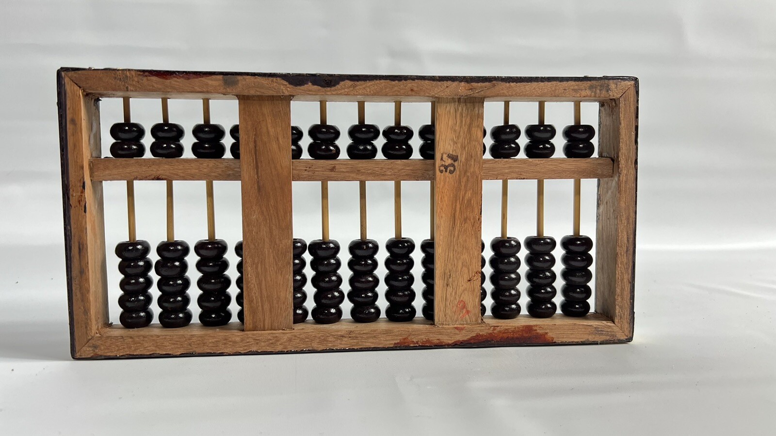 Vintage Chinese Abacus Reddish Wood 13 Rows 91 Beads Lotus Flower Brand 14.5”