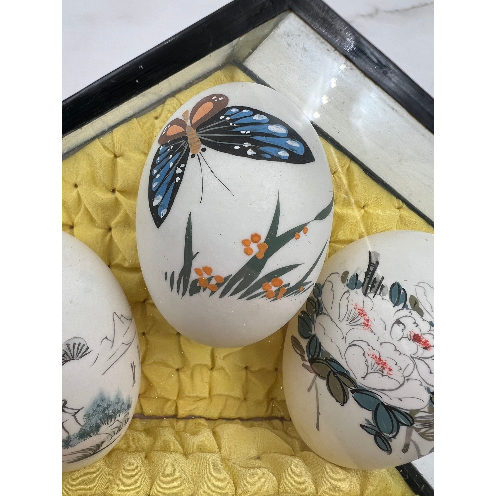 Vintage Chinese Hand Painted Egg Art Set 3 Butterfly Floral Landscape Glass Case