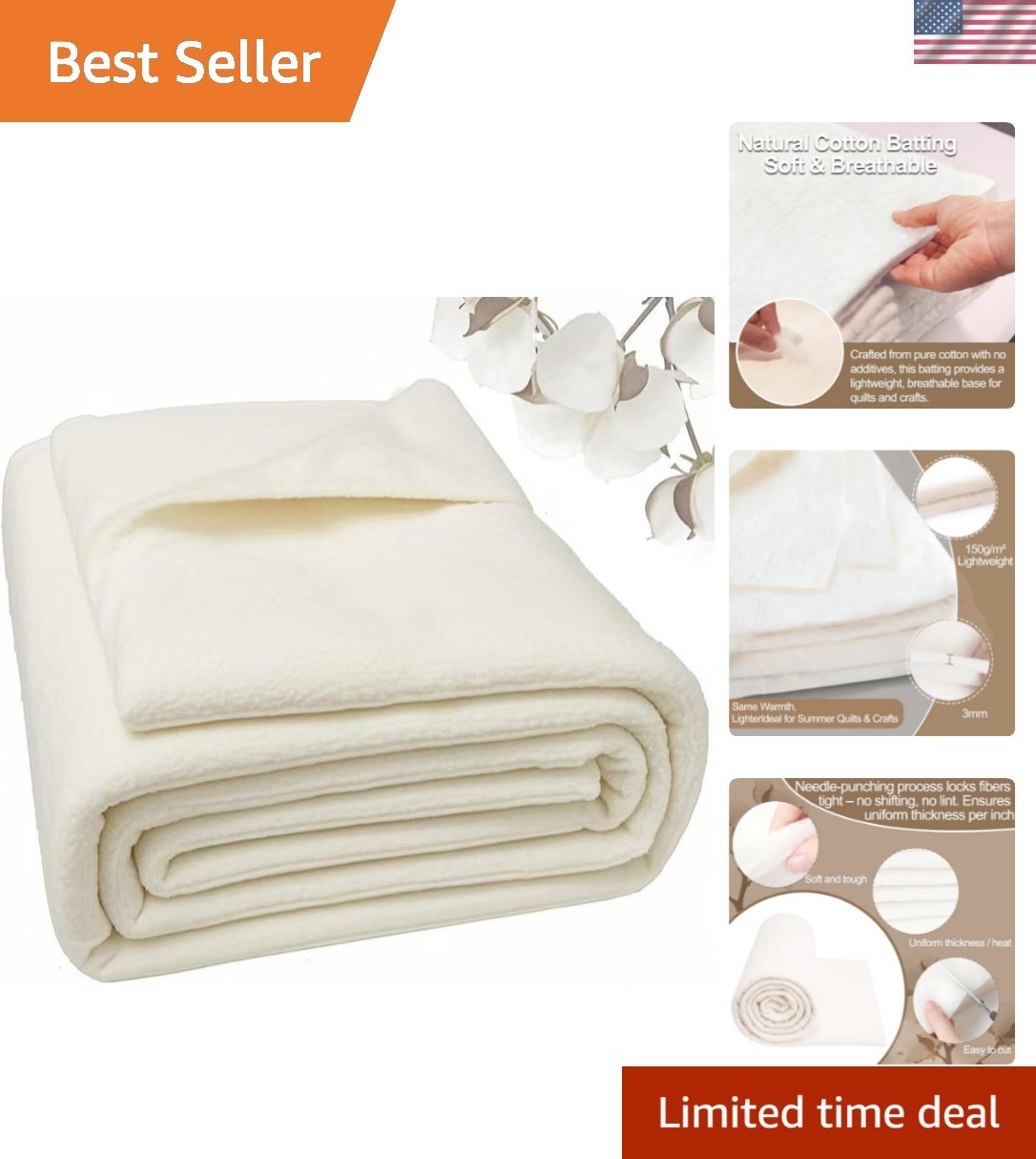 Natural Cotton Batting for Quilting Sewing Crafting & DIY Projects 68″x86″, 1…