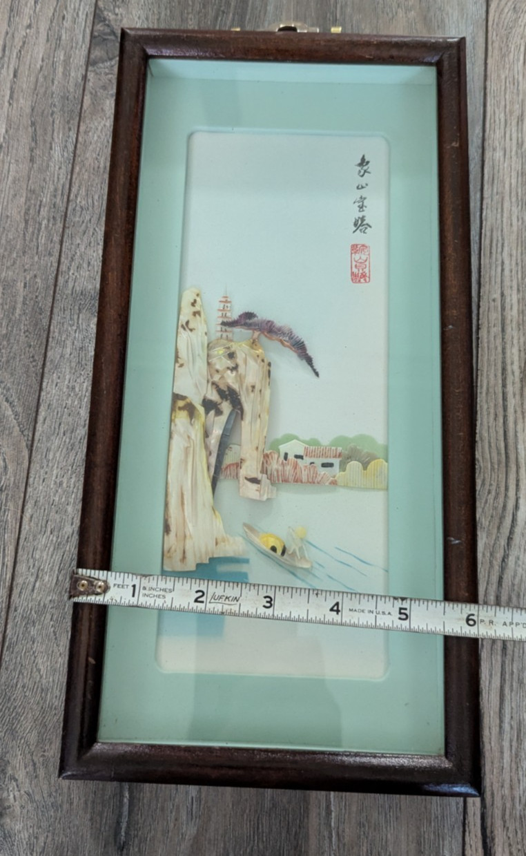 Vintage Chinese Mother Of Pearl Shell Art Village Pagoda Diorama Shadow Box