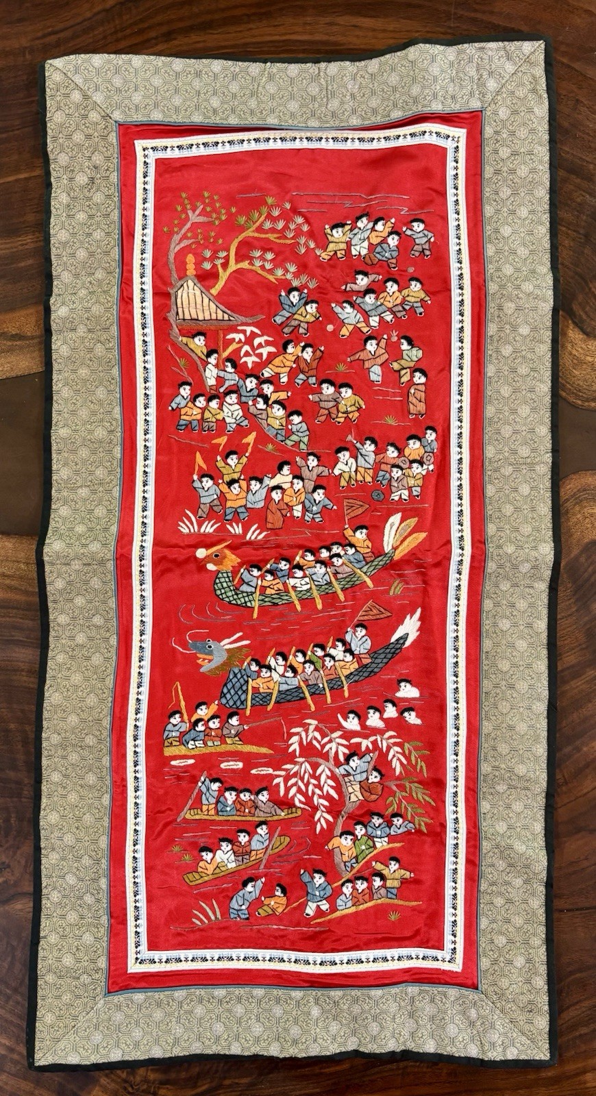 VTG Chinese Embroidered Red Silk Tapestry Children Dragon Boat Fishing Hanging