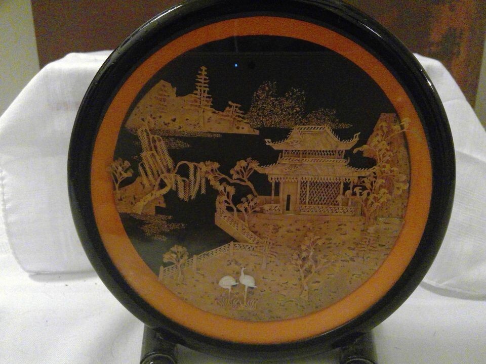 VINTAGE CHINESE DIORAMA CORK CARVING GLASS CASE PAGODA TREES & CRANES
