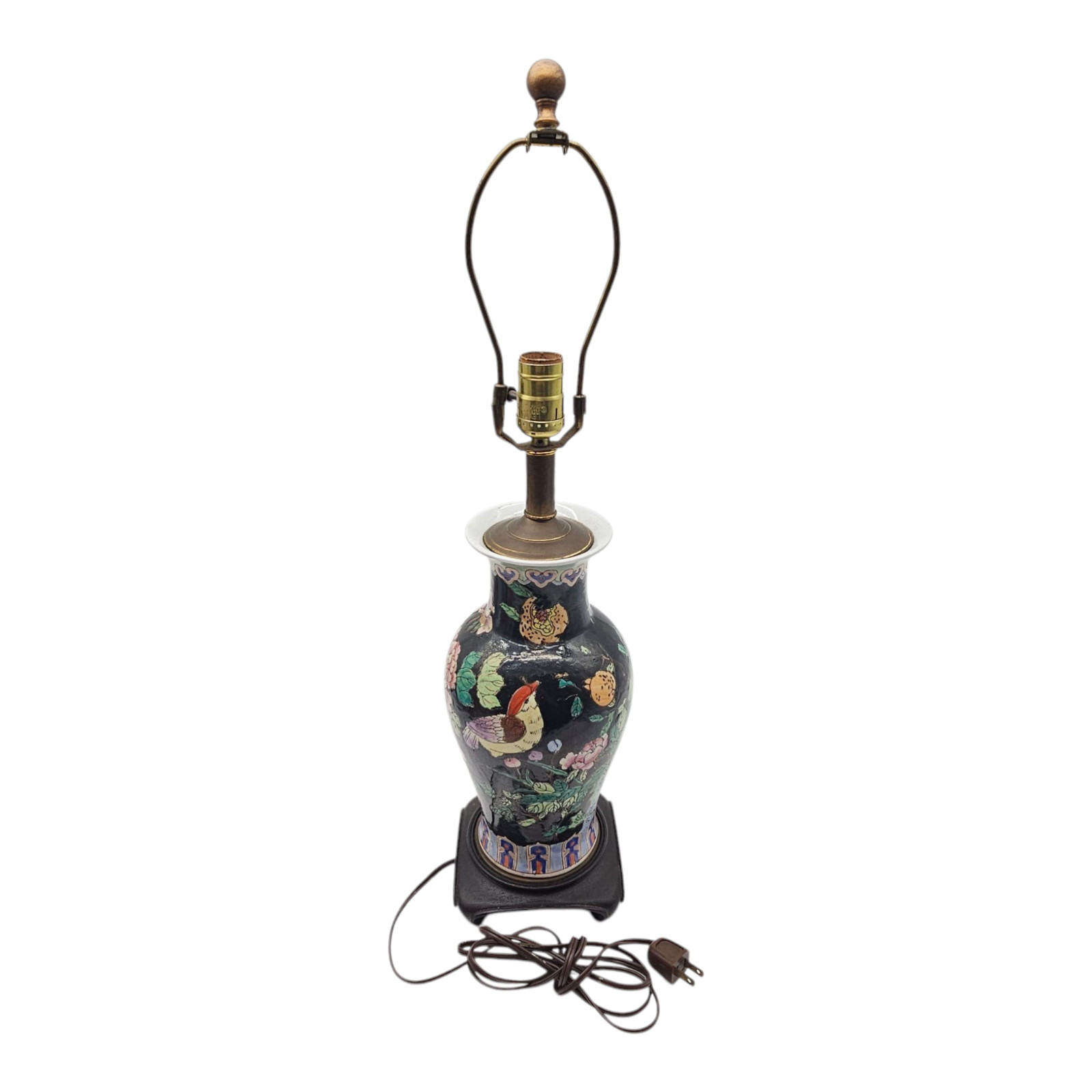 VTG Chinese Famille Noir Porcelain Lamp Hand Painted Birds Flower Black Base 20″