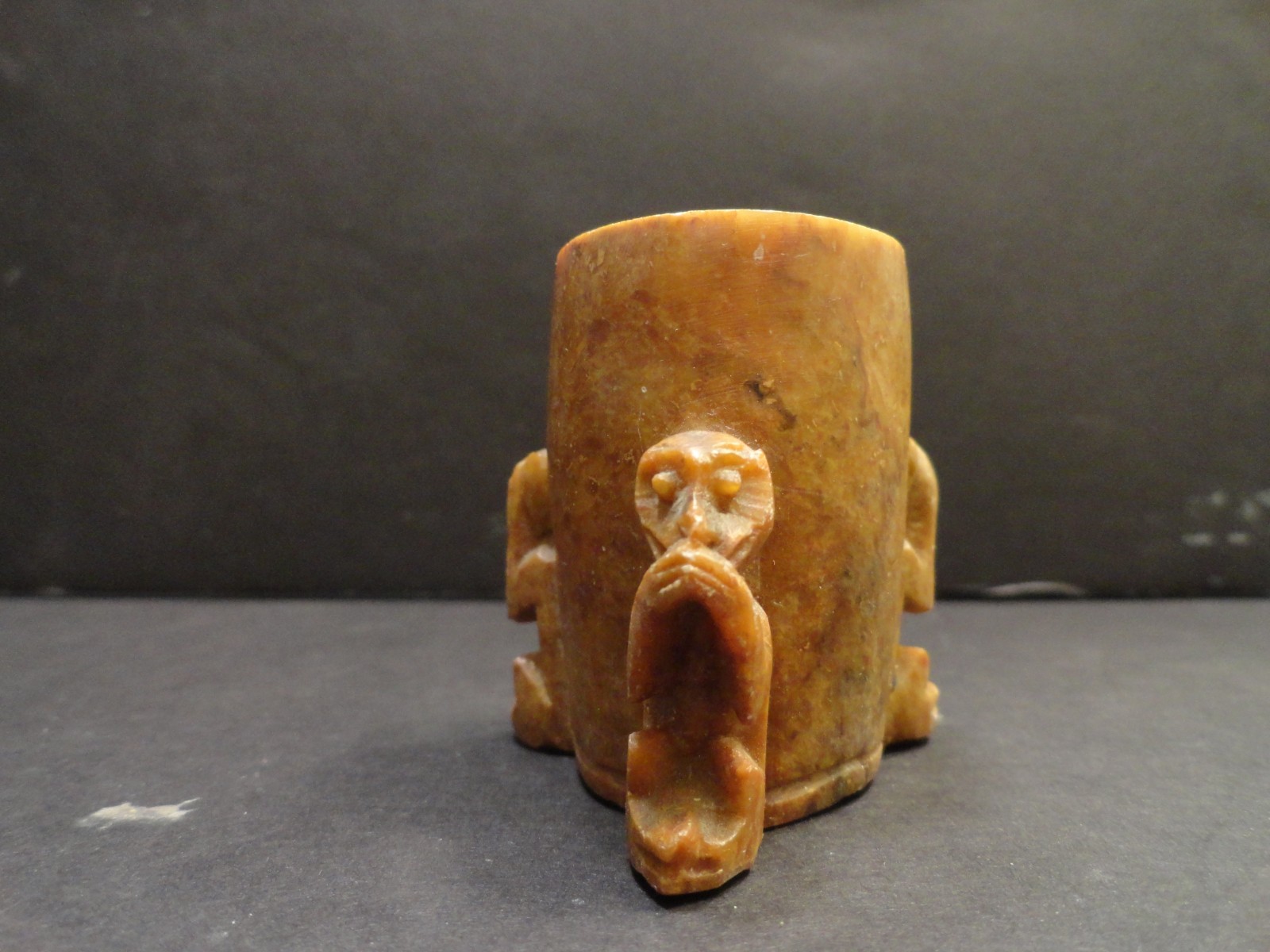 Antique Soapstone Carved Toothpick Holder Cup 3 Monkey See, Hear ,Speak no Evil
