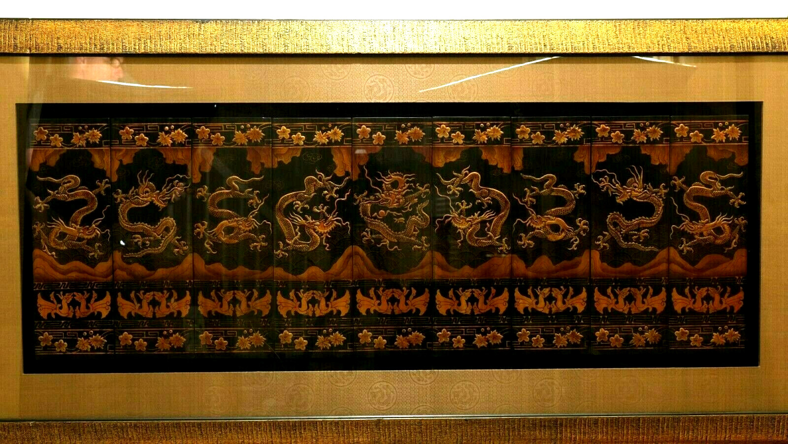 Exquisite 9 Dragon Floated Panels under Plexiglas in Large Gilded Frame VGUC+