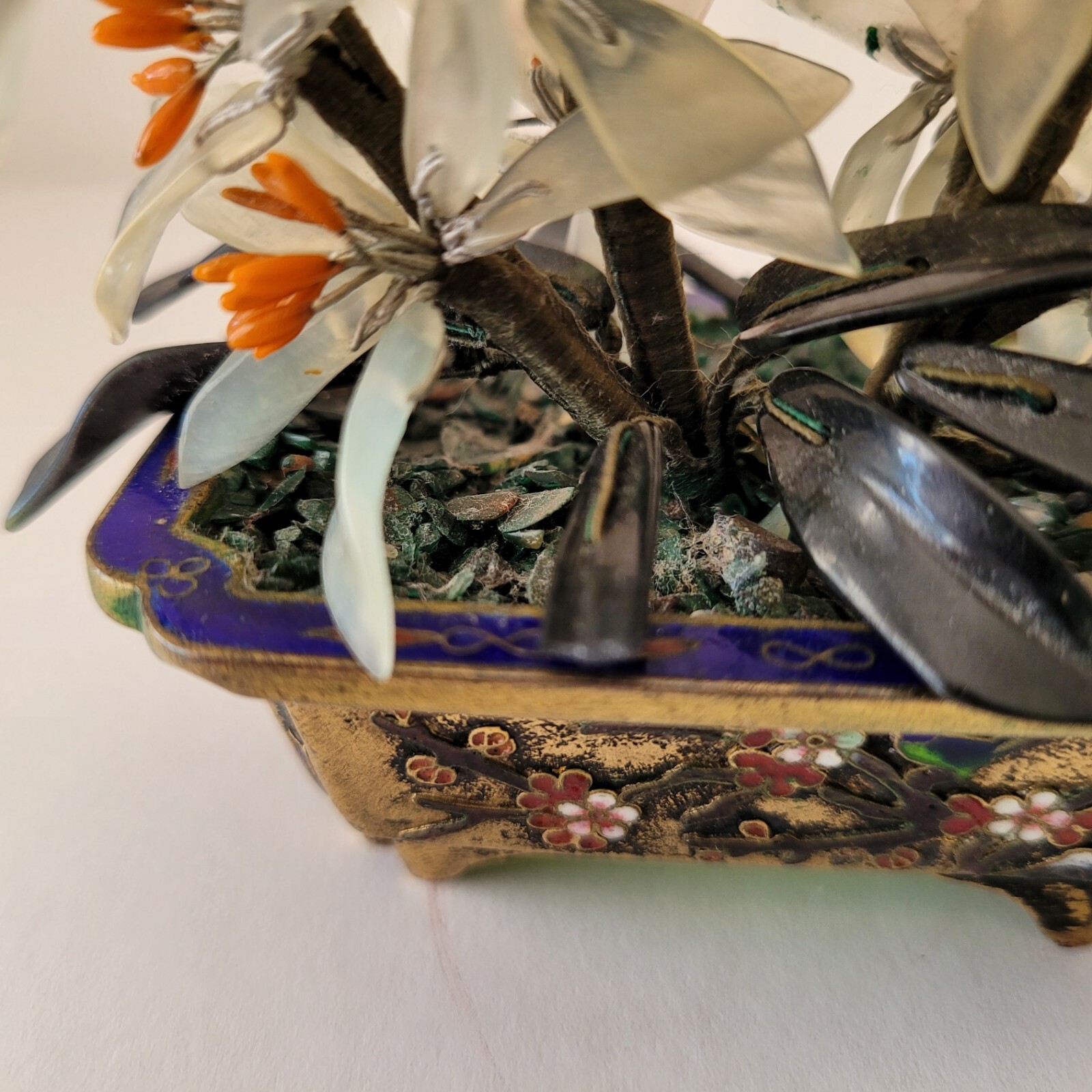 Stone Bonsai in Cloisonne Planter Flower Pot Quartz Jade