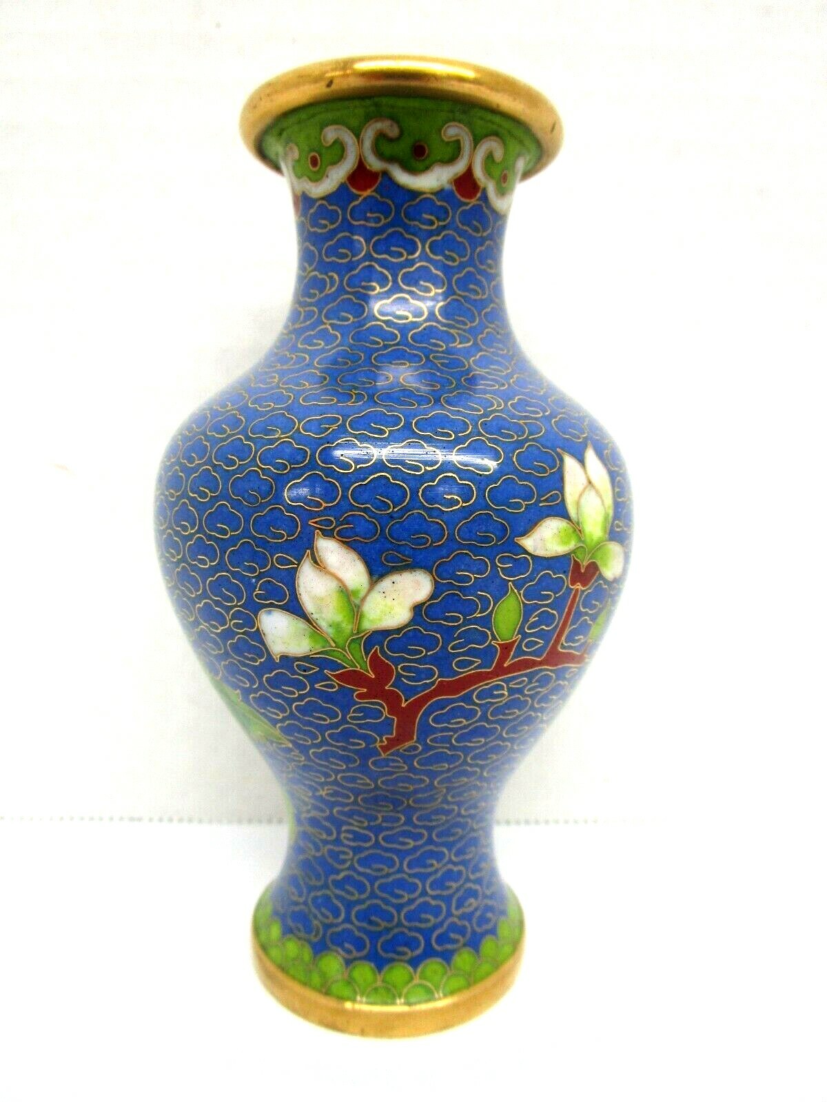 Small Vintage Cloisonne Asian Vase Blue with Floral Pattern Brass Accents 5 inch