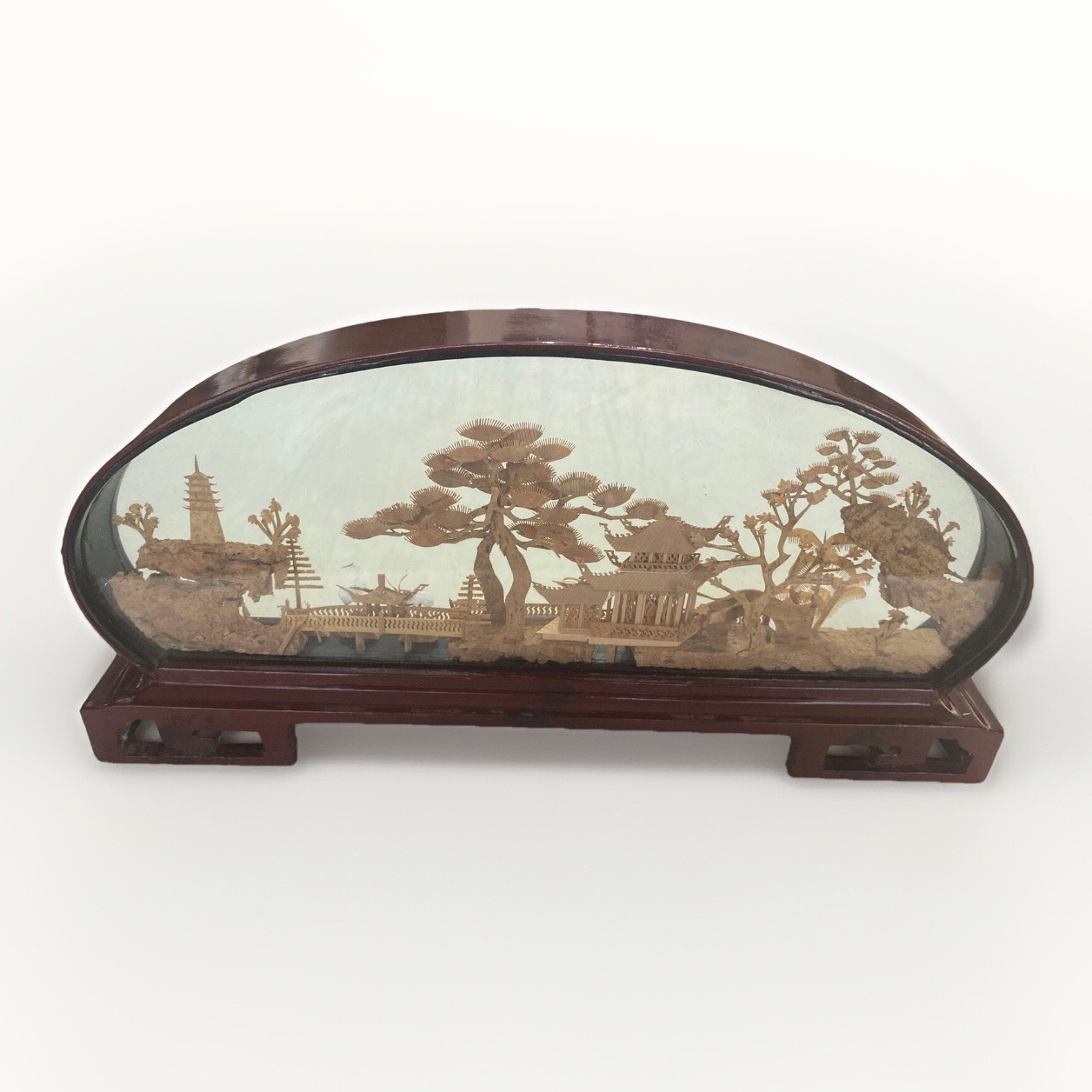 Vintage Large Chinese Cork Art In Glass Box Birds Garden Soothing Scenery 14” L