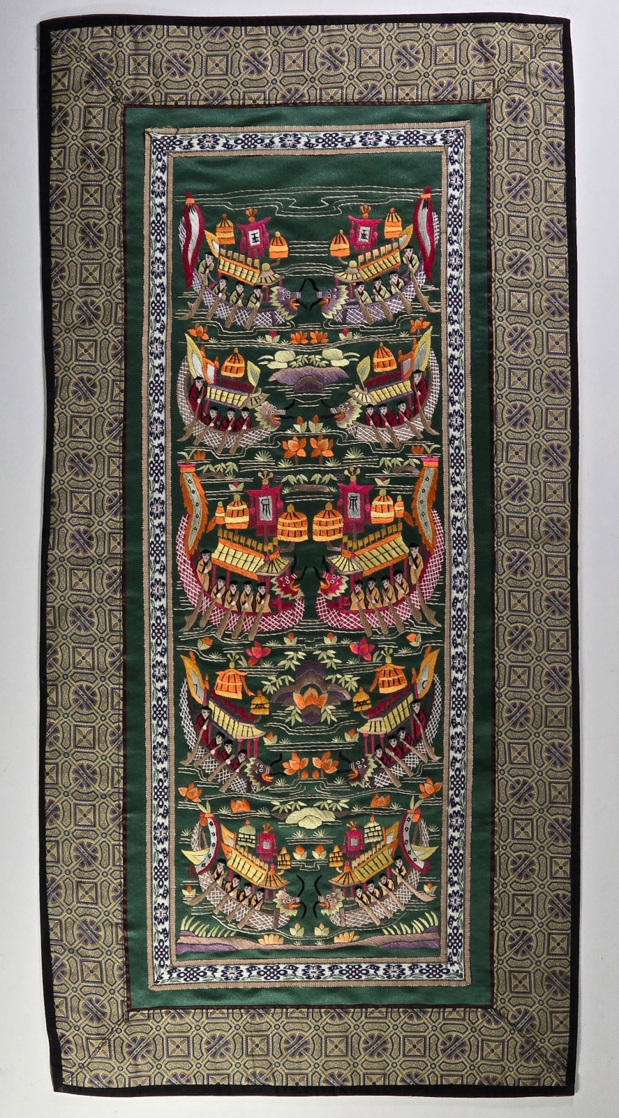 VTG Chinese Embroidered Silk Panel Dragon Boats Green 12.5 x 25.5 inch