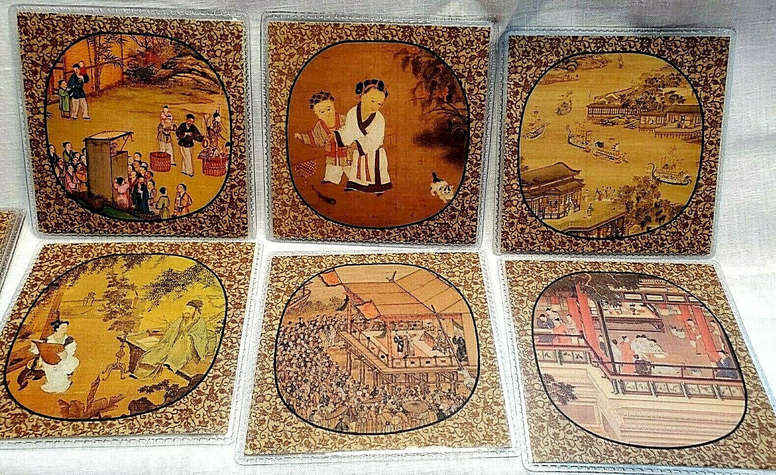 Coasters National Palace Artwork set of 10 Scenic Matching Pouch Asian 4.25″ sq