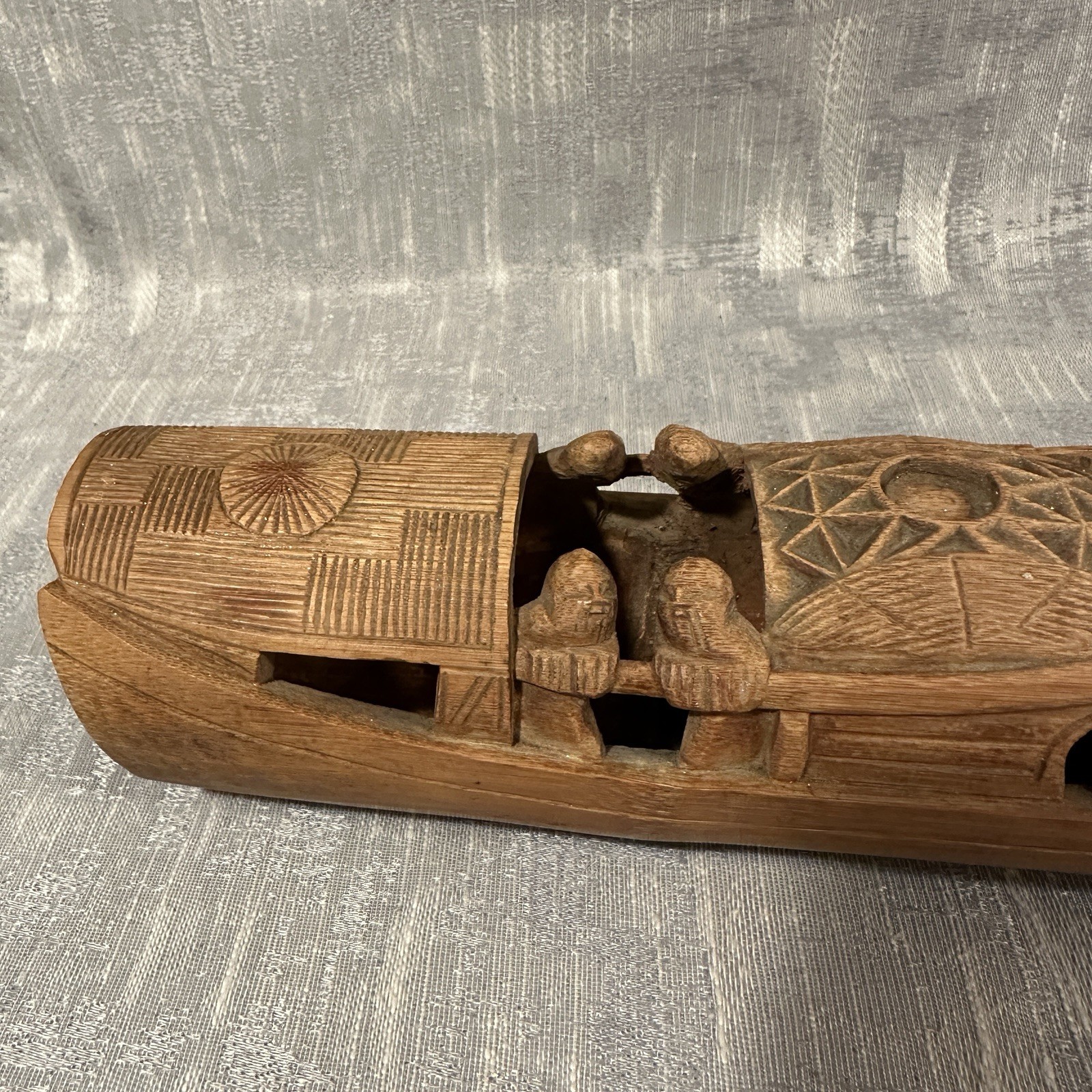 Vtg Chinese Carved Bamboo Junk Fishing Boat Copper Calligraphy Brush Tray Insert