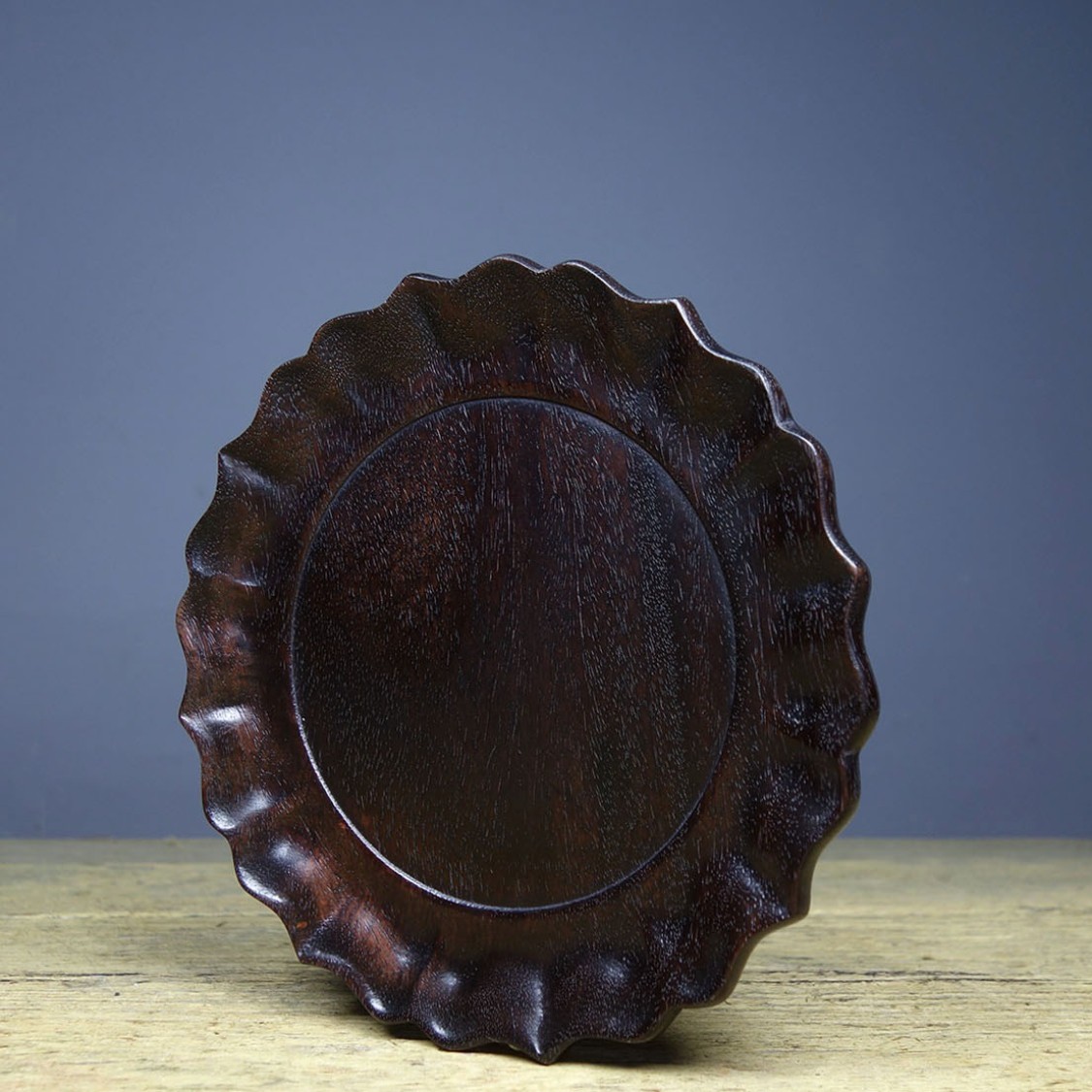 Vintage Hand Carved Rosewood Lotus Tea Tray Decor 14.5cm