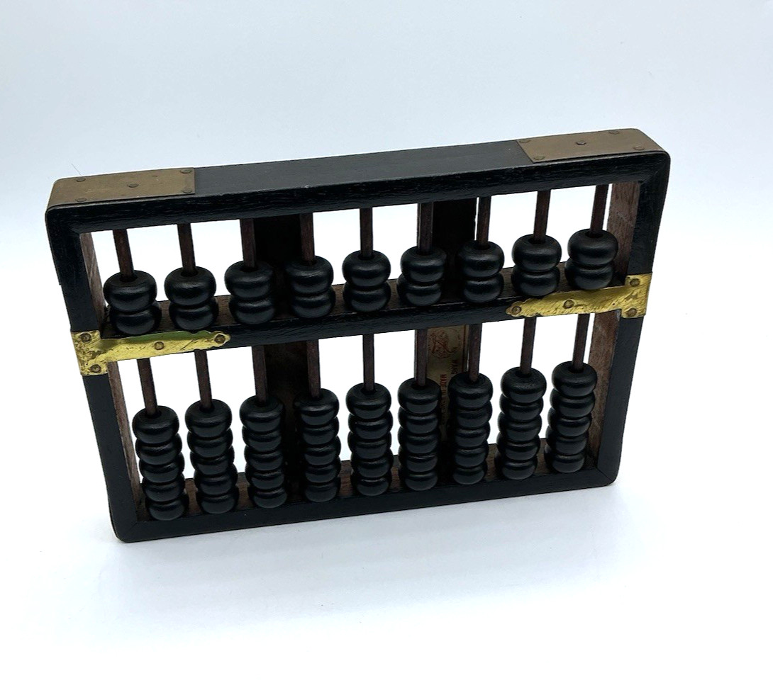 Vintage Wood Wang Hing Abacus Black w/ Brass Accents Hong Kong 9 Rods 63 Beads
