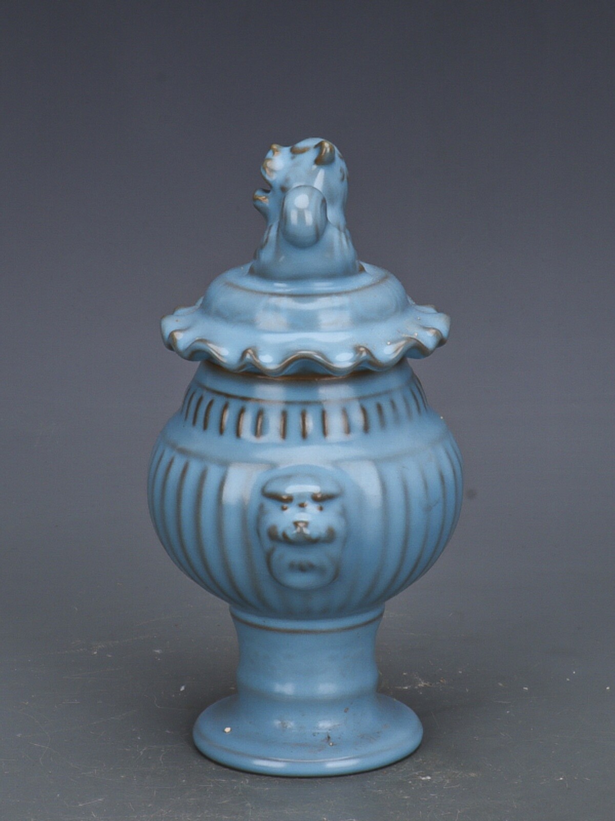 7.4″ Collect China Ruyao Sky Blue Glaze Porcelain Foo Fu Dog Lion Lid Pot
