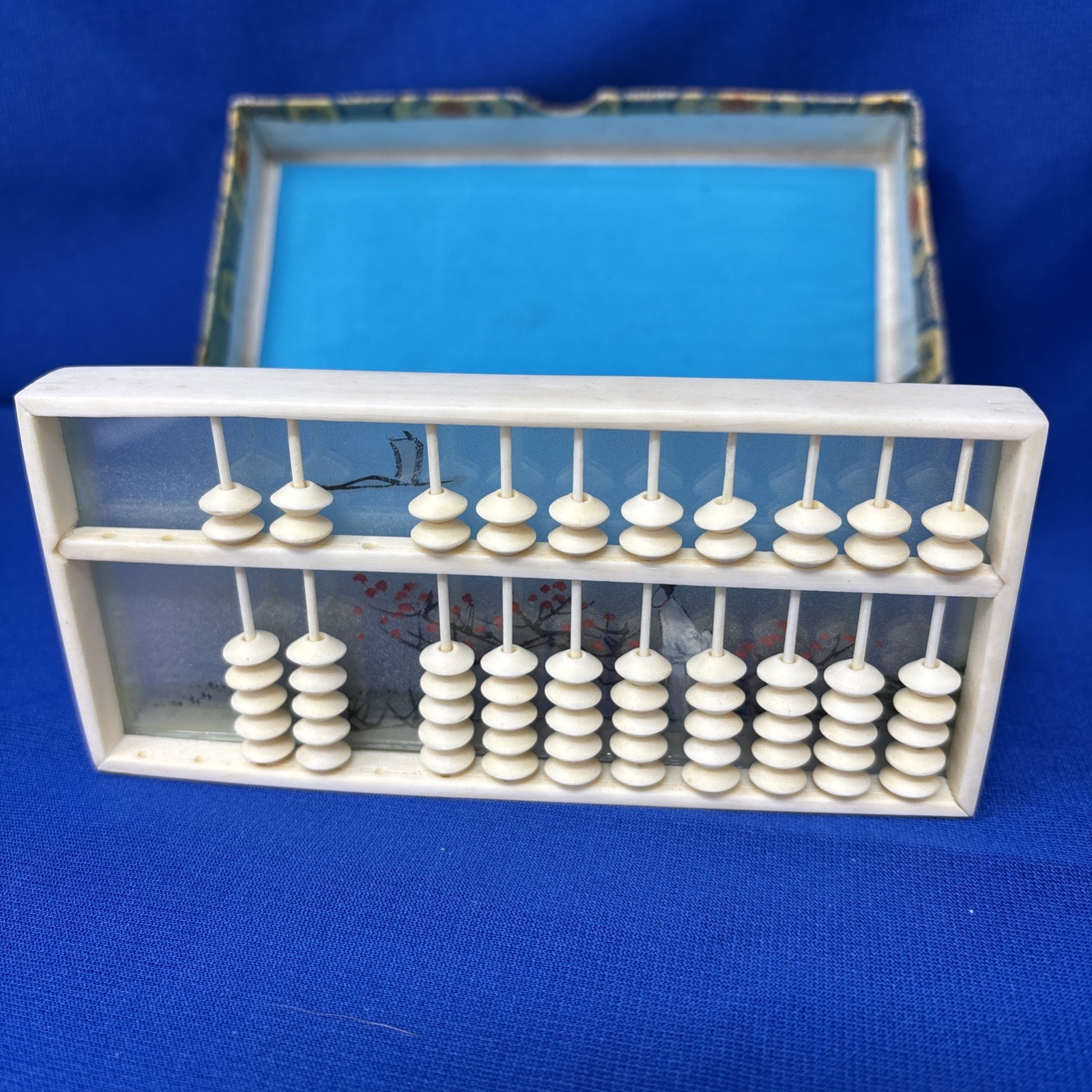 Small Vintage Chinese Suanpan Abacus Painted Glass Fabric Box PRC