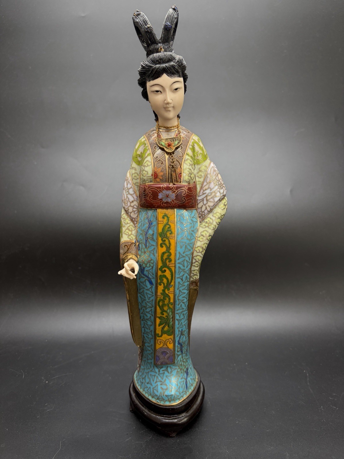 Gorgeous VTG Traditional Cloisonne Lady Figure Brass Enamel On Wood Base 13.5”