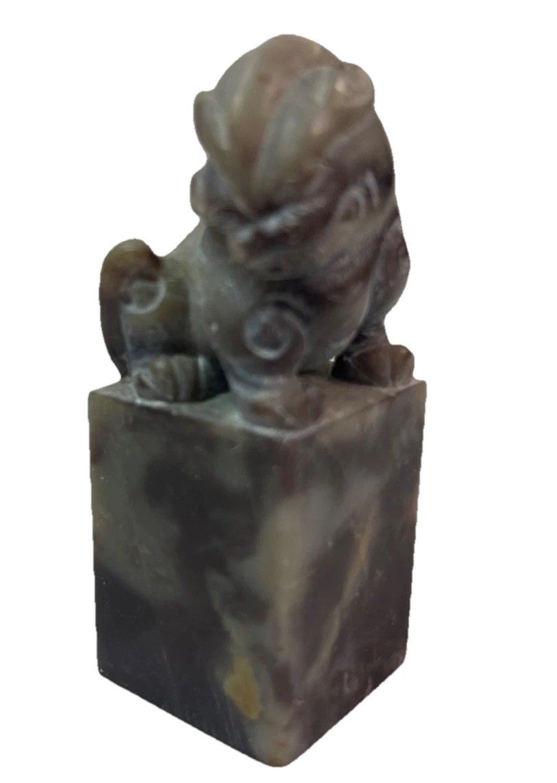 Vintage Carved Chinese Soapstone Seal Foo Dog Lion 1.5”sq x 3.5” Tall