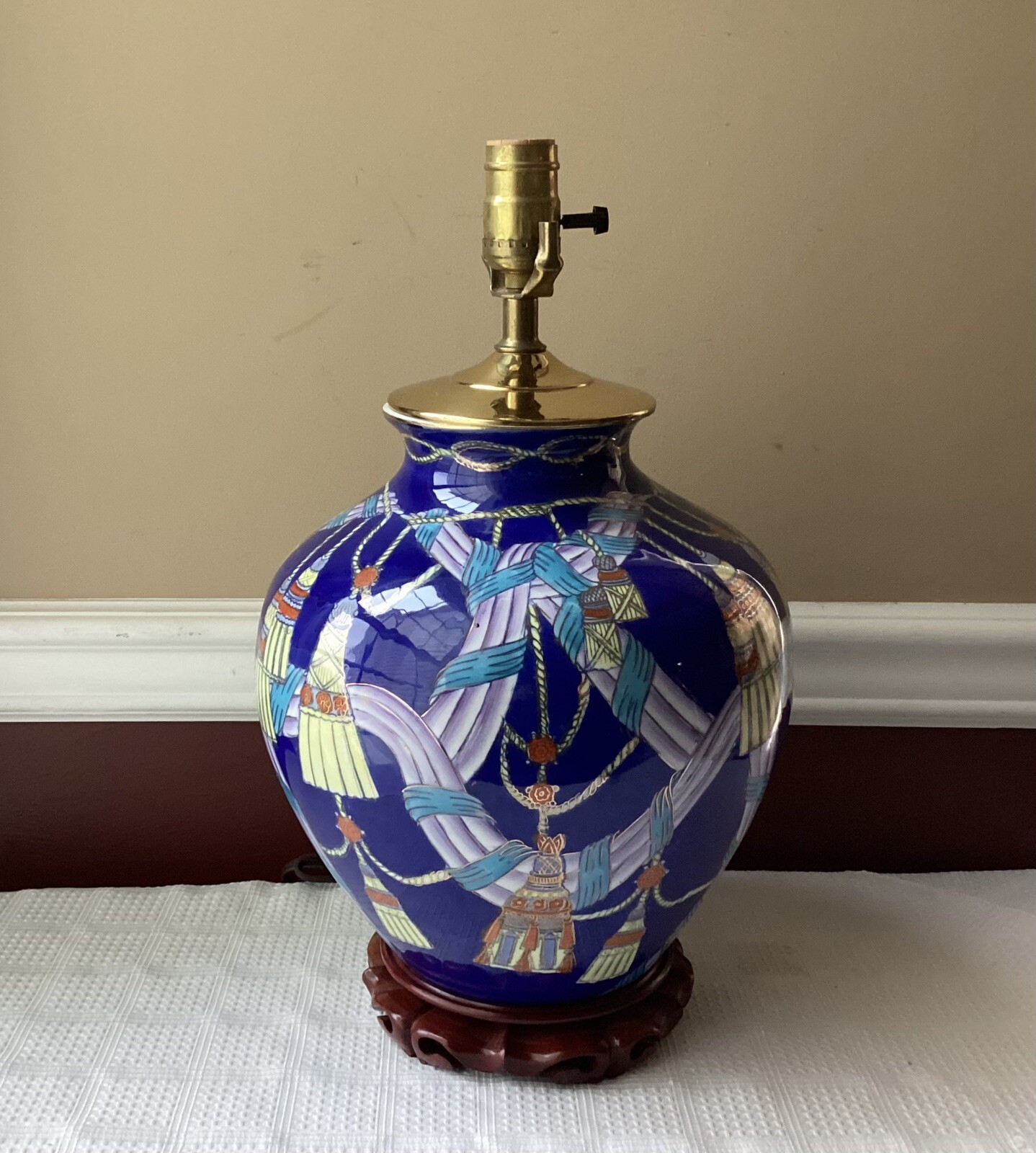 VTG Chinese Cobalt Blue Porcelain Vase Lamp Hand Painted Tassels Ribbons, 16.75”