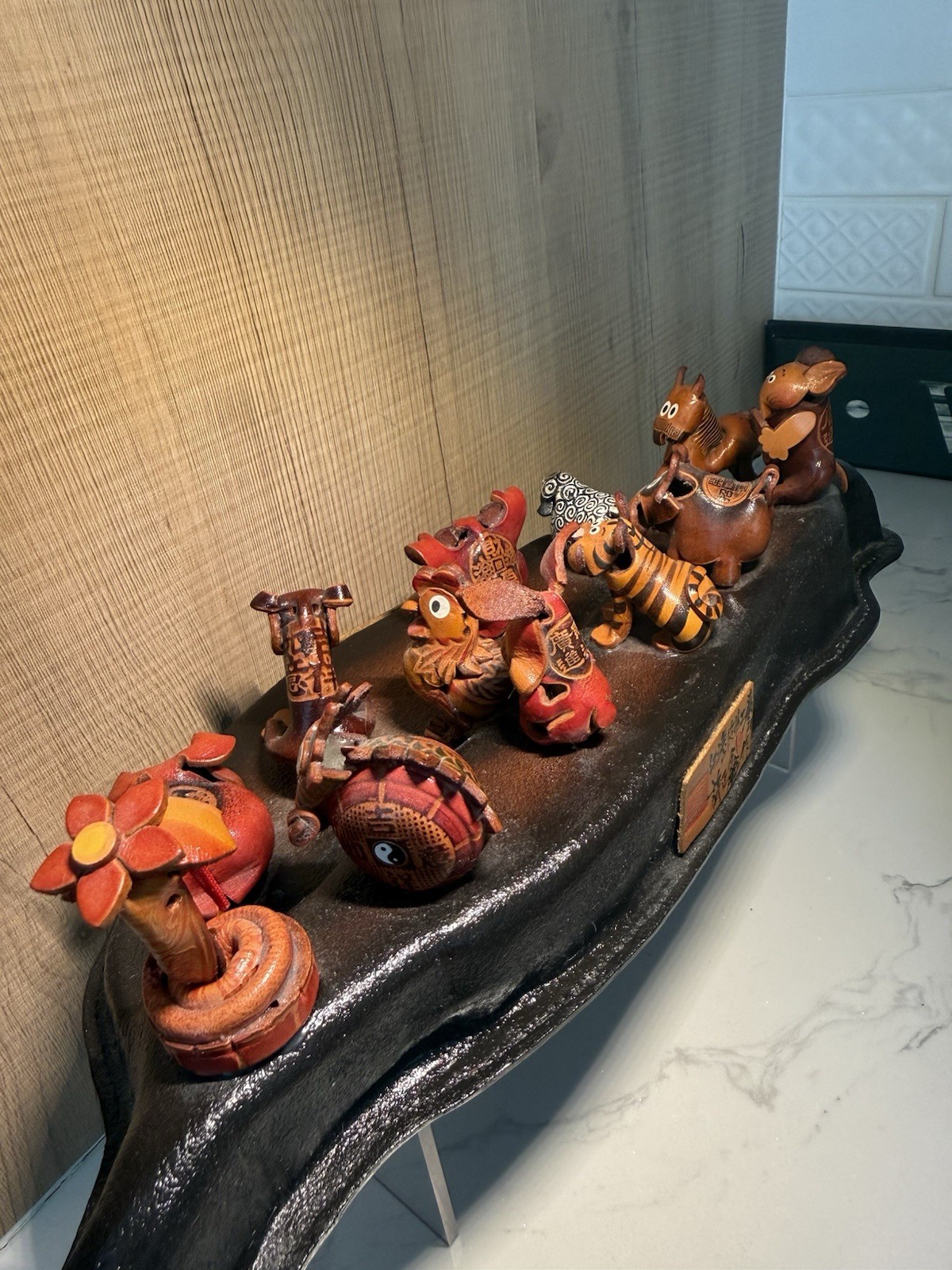 Vintage Handcrafted Leather Chinese Zodiac Animal Figurines on Display Stand