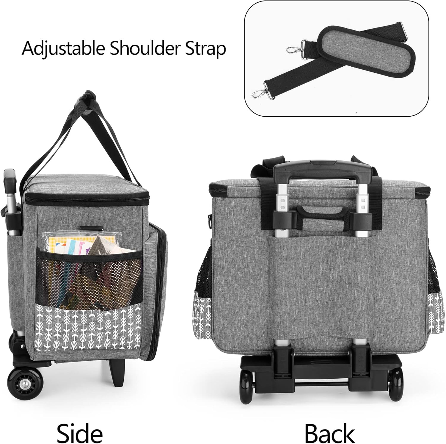 Rolling Craft Bag on Wheels, Women Craft Scrapbook Tote Bag with Detachable Trol