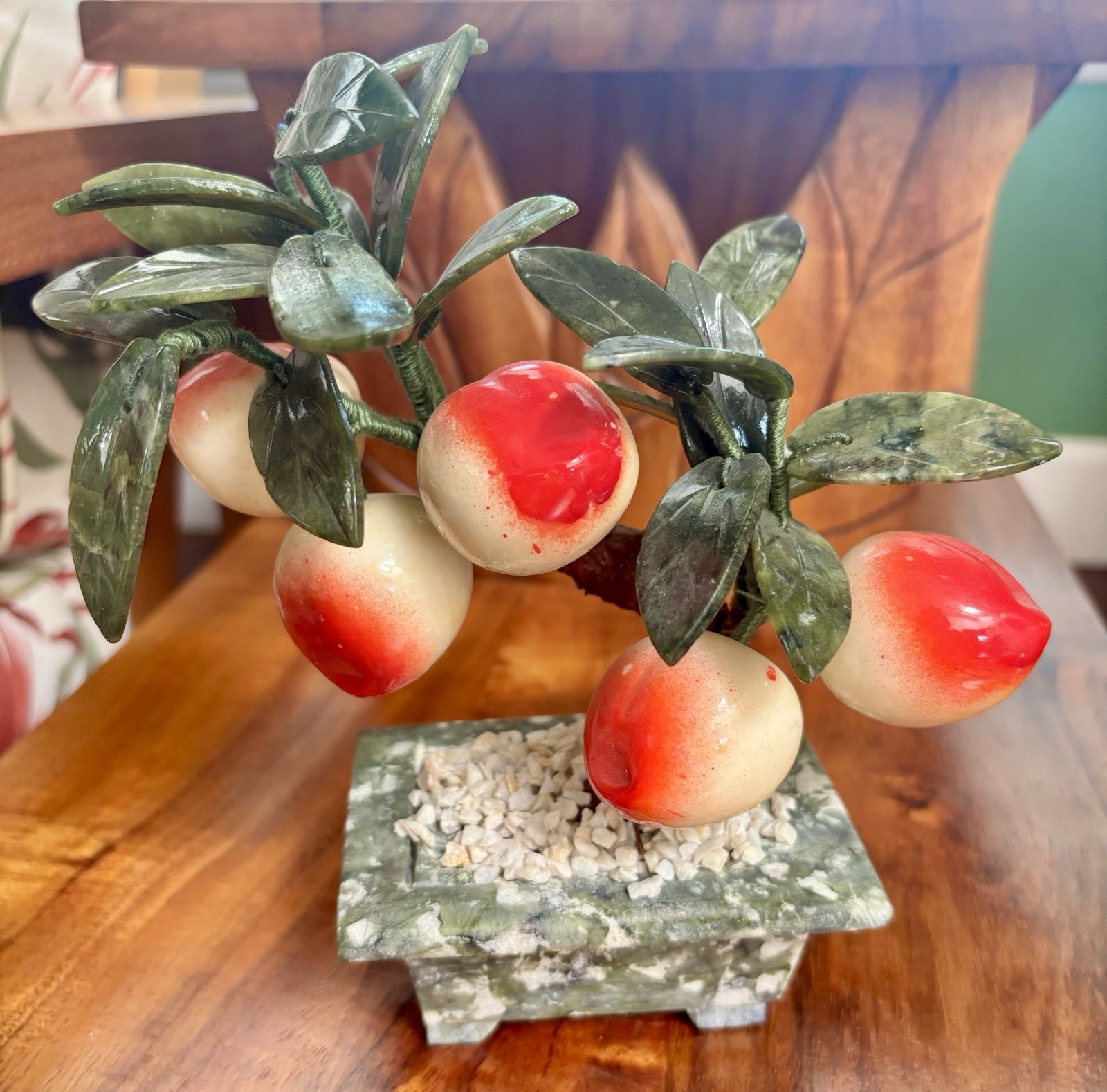 VTG Chinese Glass Jade Bonsai Tree with Plums in Rectangular Planter 7.5″ Tall
