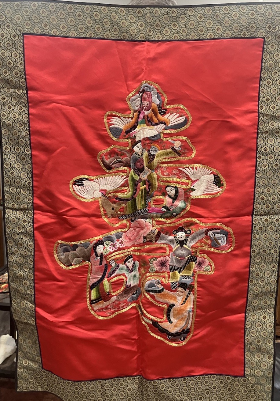 Vintage Red Embroidered Eight Immortal Longevity Wall Hanging Fabric 23”x32.5”