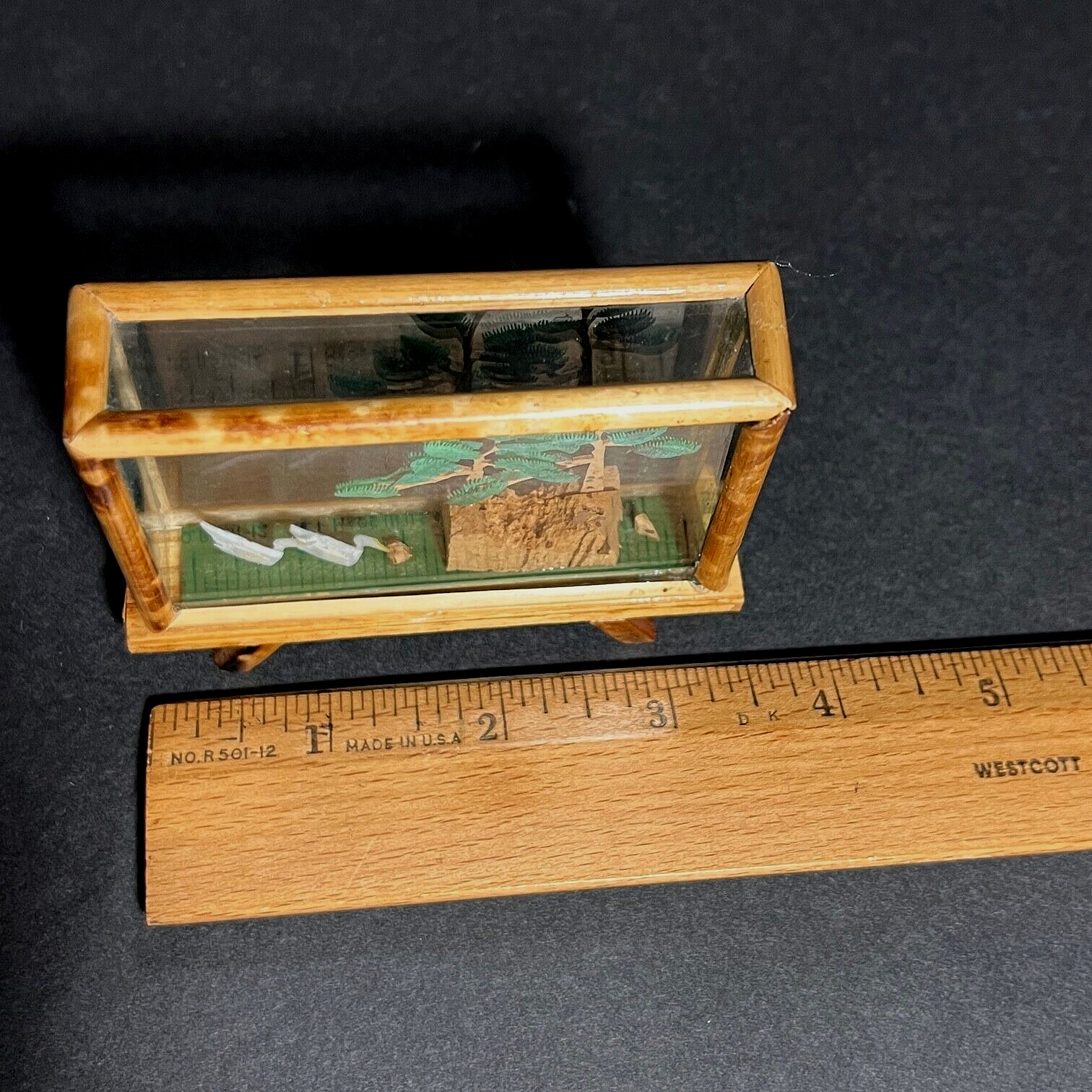 Vtg Small Chinese Carved Cork Diorama Trees Swans Rocks 3D Glass & Bamboo Case
