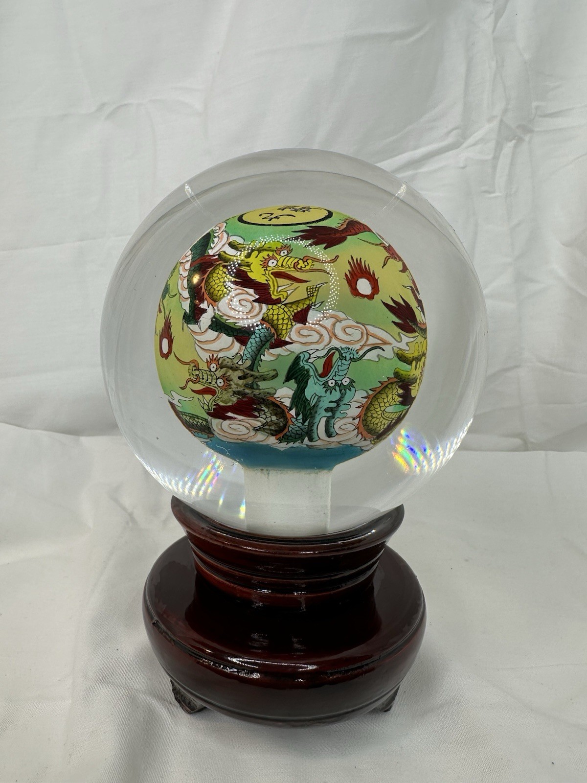Chinese Reverse Painted Glass Crystal Ball Dragon Sphere Wood Stand Original Box
