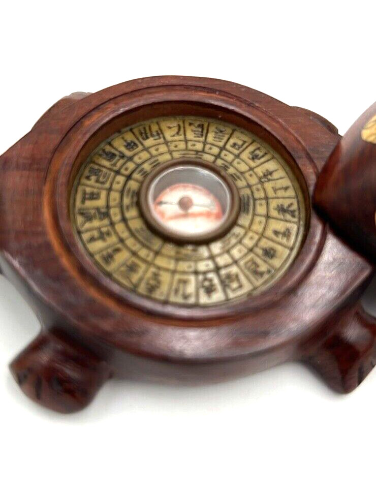 Chinese Wooden Zodiac Turtle With Compass
