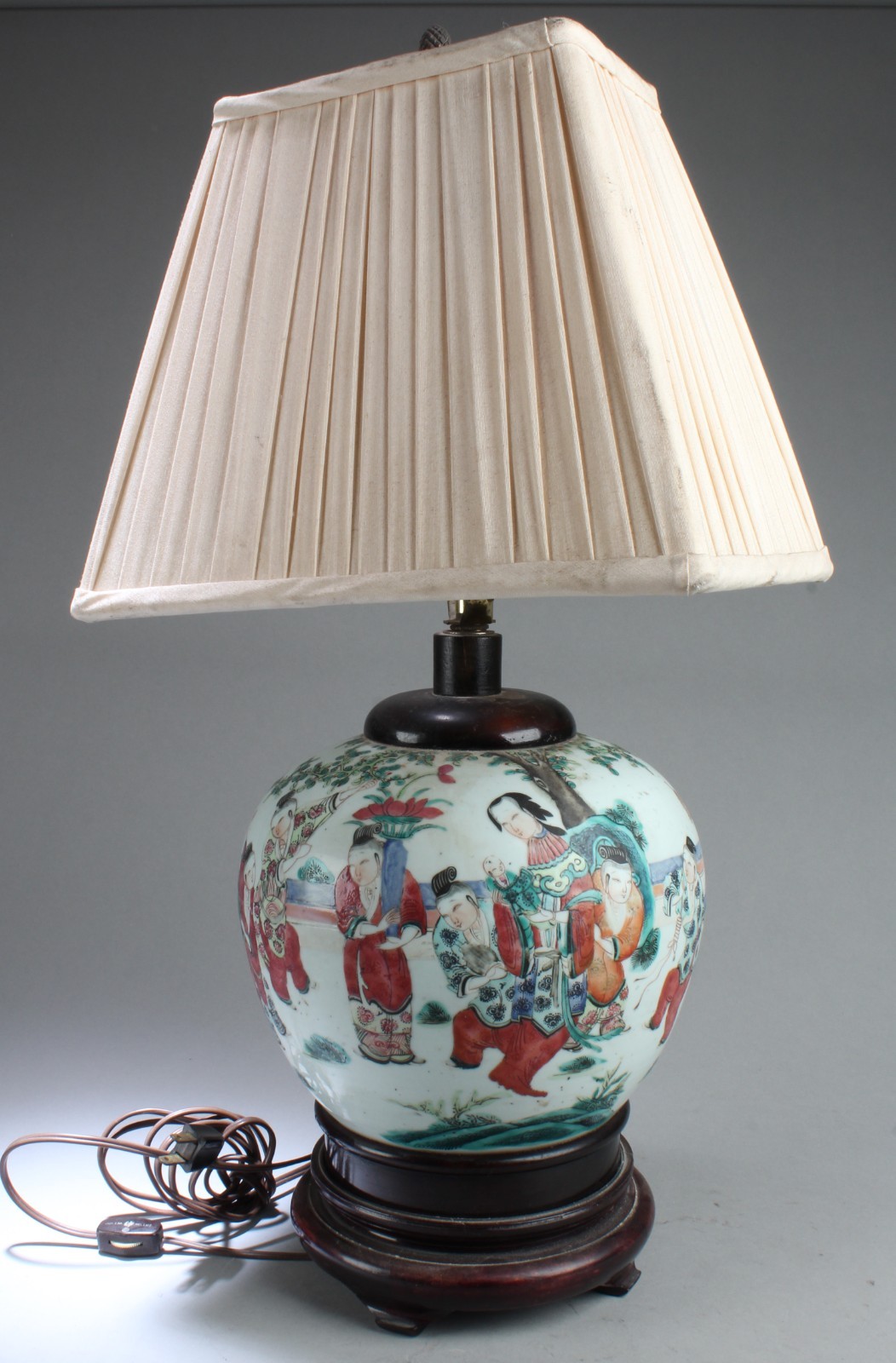 Chinese Porcelain Lamp with shade. Comes fitted with a wood stand