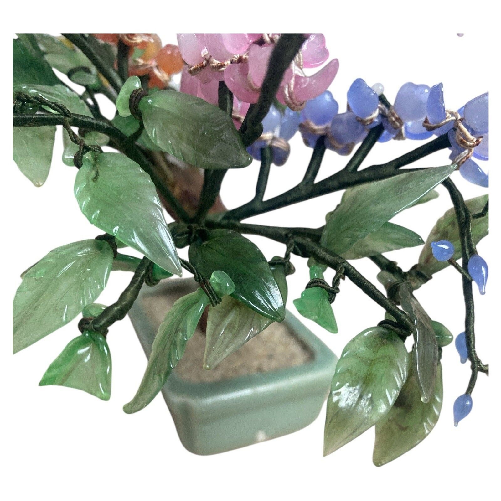 Glass Jade Bonsai Tree Sculpture Multicolor Flowers Celadon Pot 9 Inch