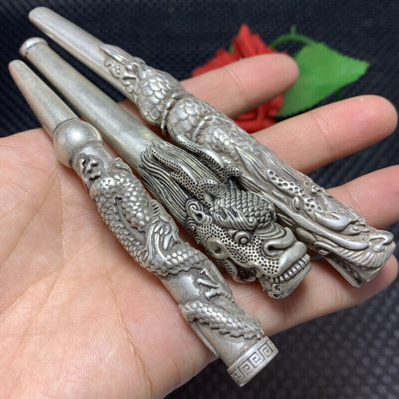 Tibetan Silver pipe Smoking Statue Sacred Dragon hand-made Tobacco rod 6pcs