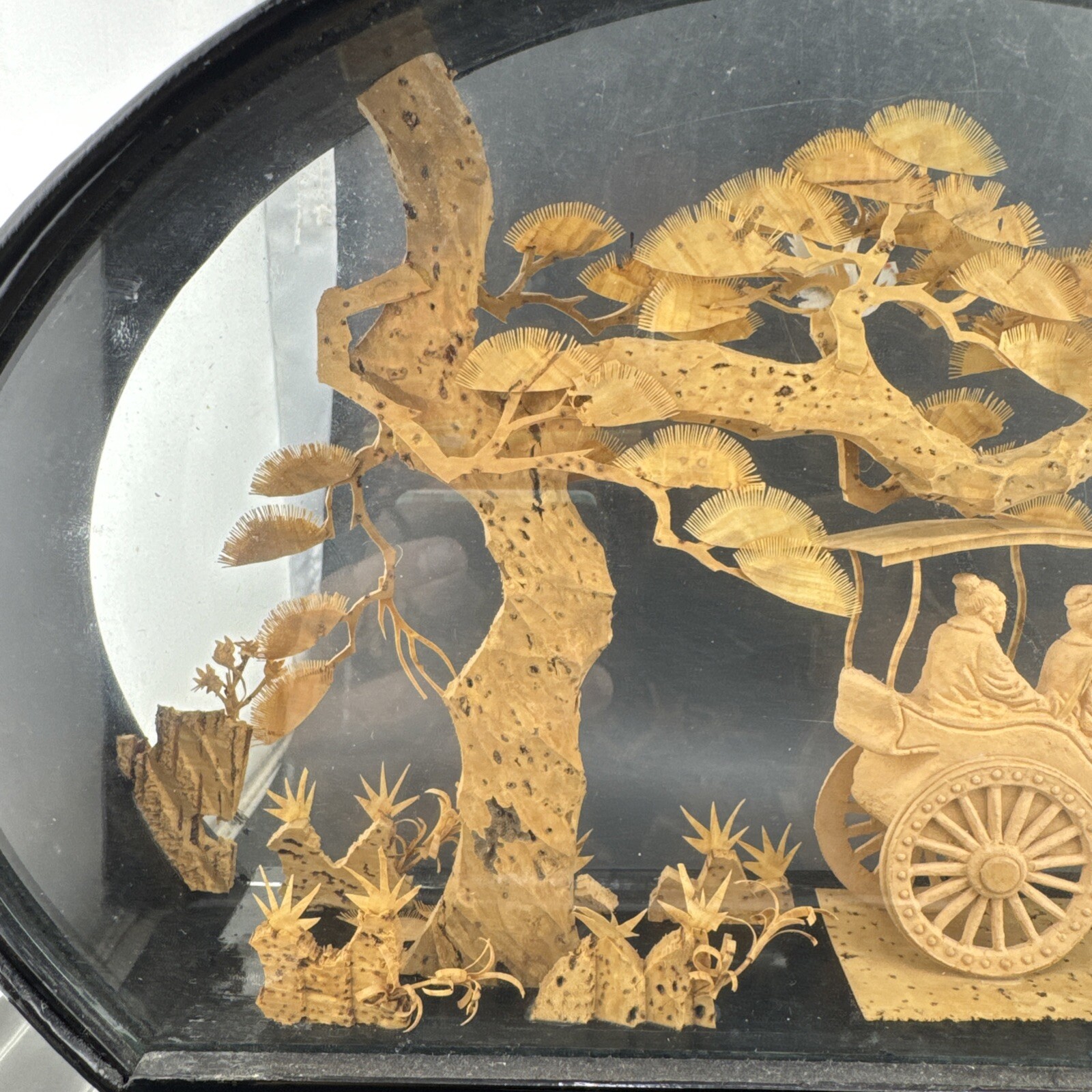 Vintage Chinese Glass Enclosed Cork Diorama Bamboo Art Framed Curved Top 💥
