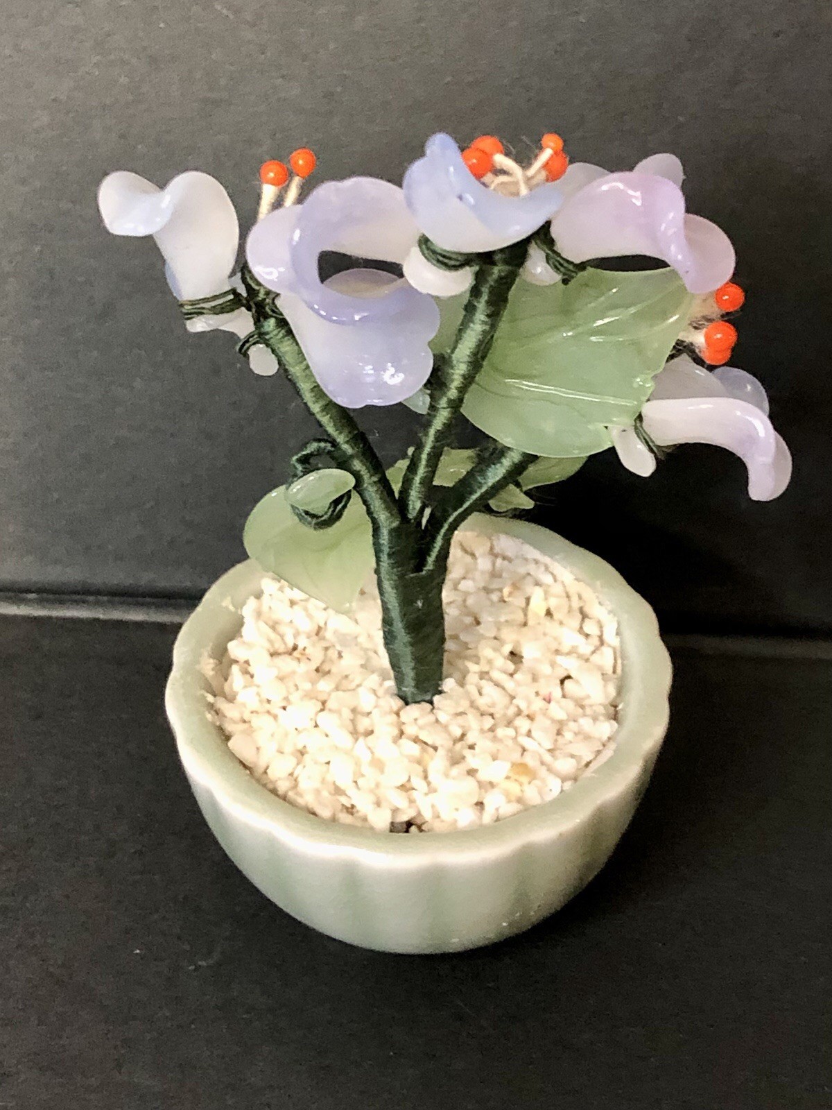 Vtg Mini Jade Glass Lavender Flower Tree Bonsai Green Celadon Planter Ornate 3”