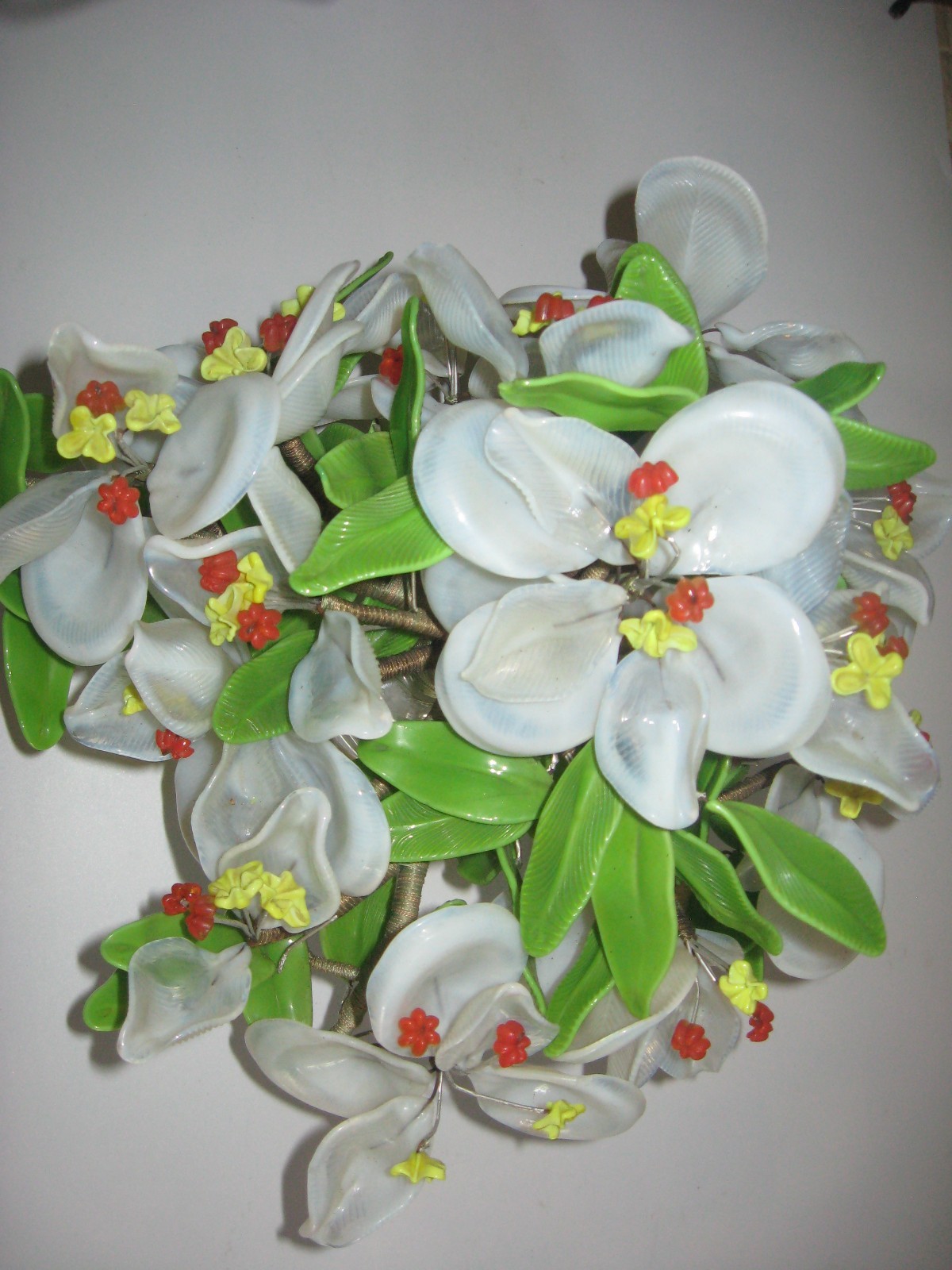 Large Jade/Glass Flower Arrangement Wrapped Wire~Crystal Base~13x14x11 Vintage