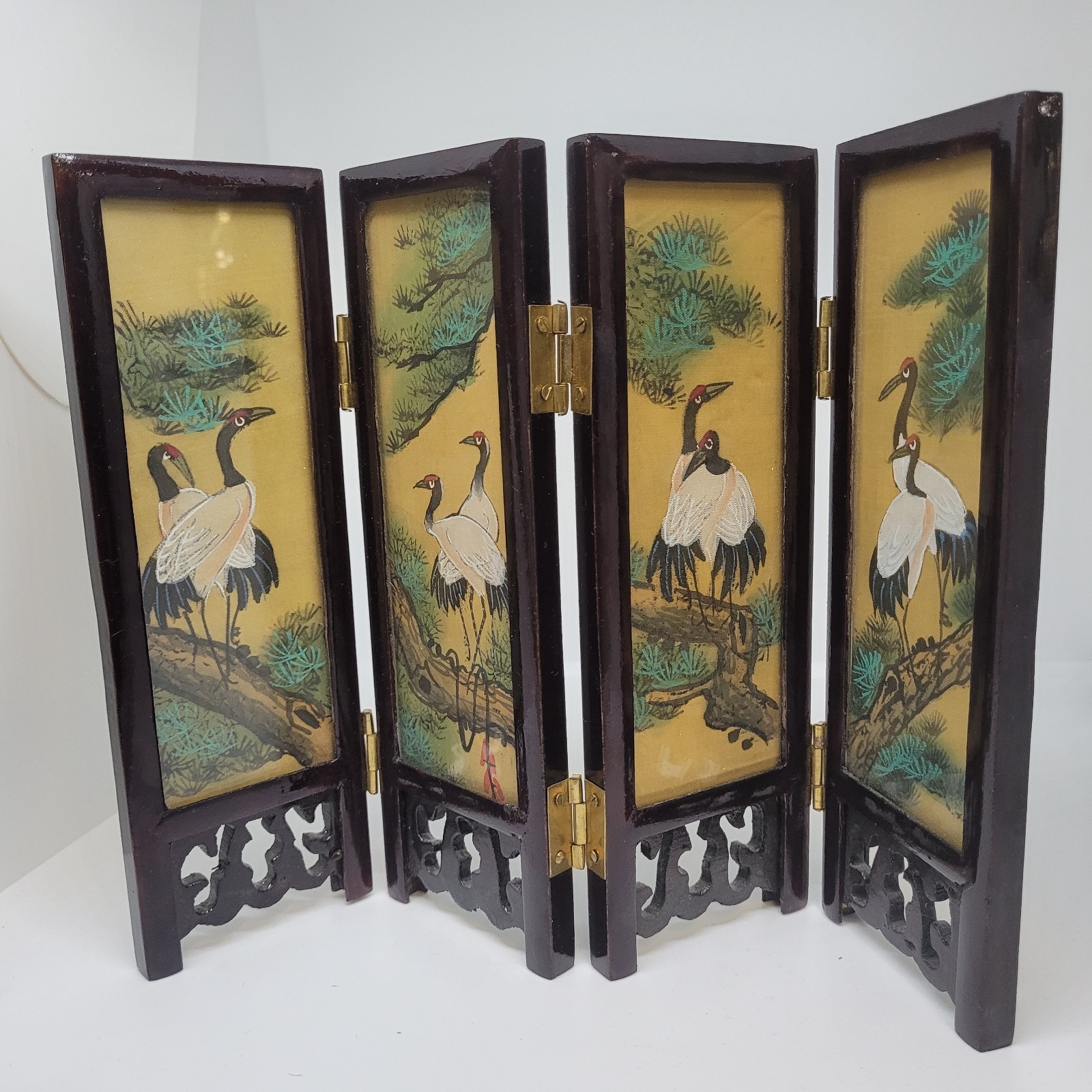 Small Vintage Chinese Folding Tabletop Screen 4 Panel 2 Sided 9.5″ x 6.75 “