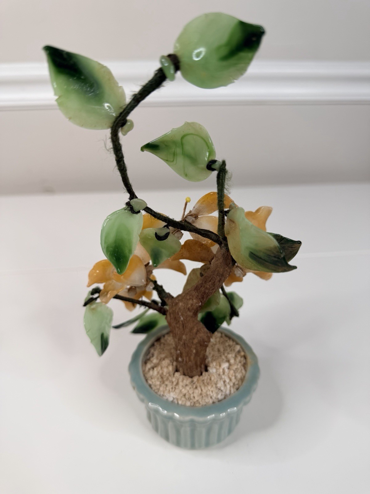 Vintage Asian Jade Glass peach green Cherry Blossom Bonsai Tree 9” Inch