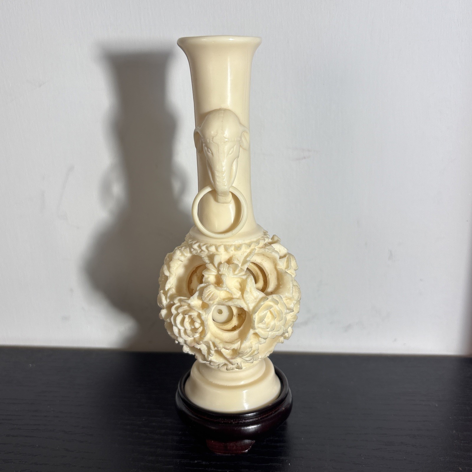 Vintage Chinese Puzzle Ball w/Elephants on Stand Faux Ivory in Plastic Front Box
