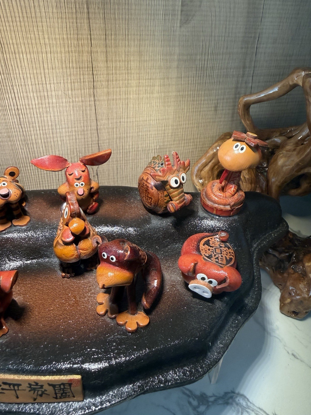 Vintage Handcrafted Leather Chinese Zodiac Animal Figurines on Display Stand