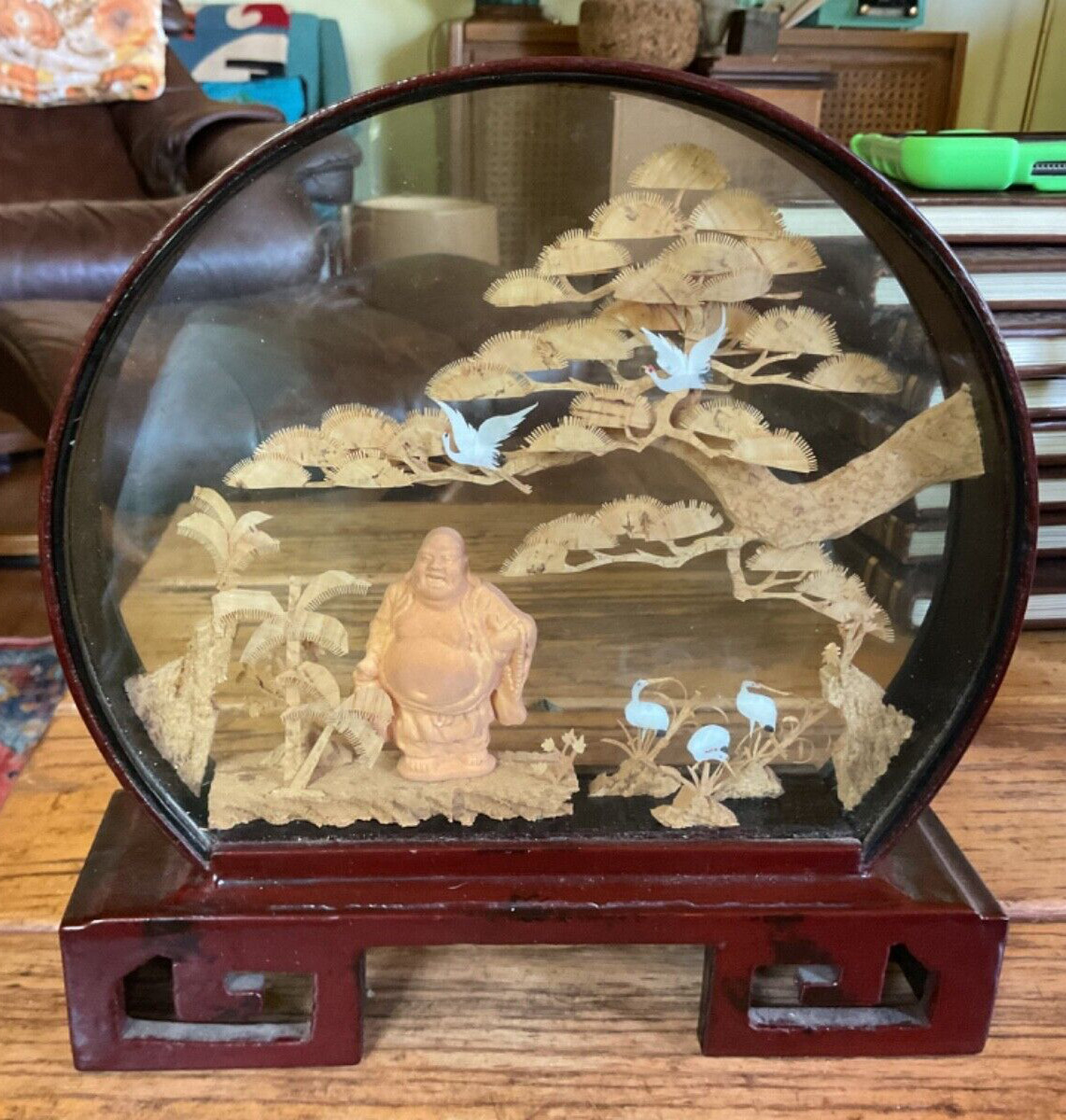 Large Hand Carved Cork Wood Diorama Asian Crane Pagoda Trees Vtg Art Glass Case